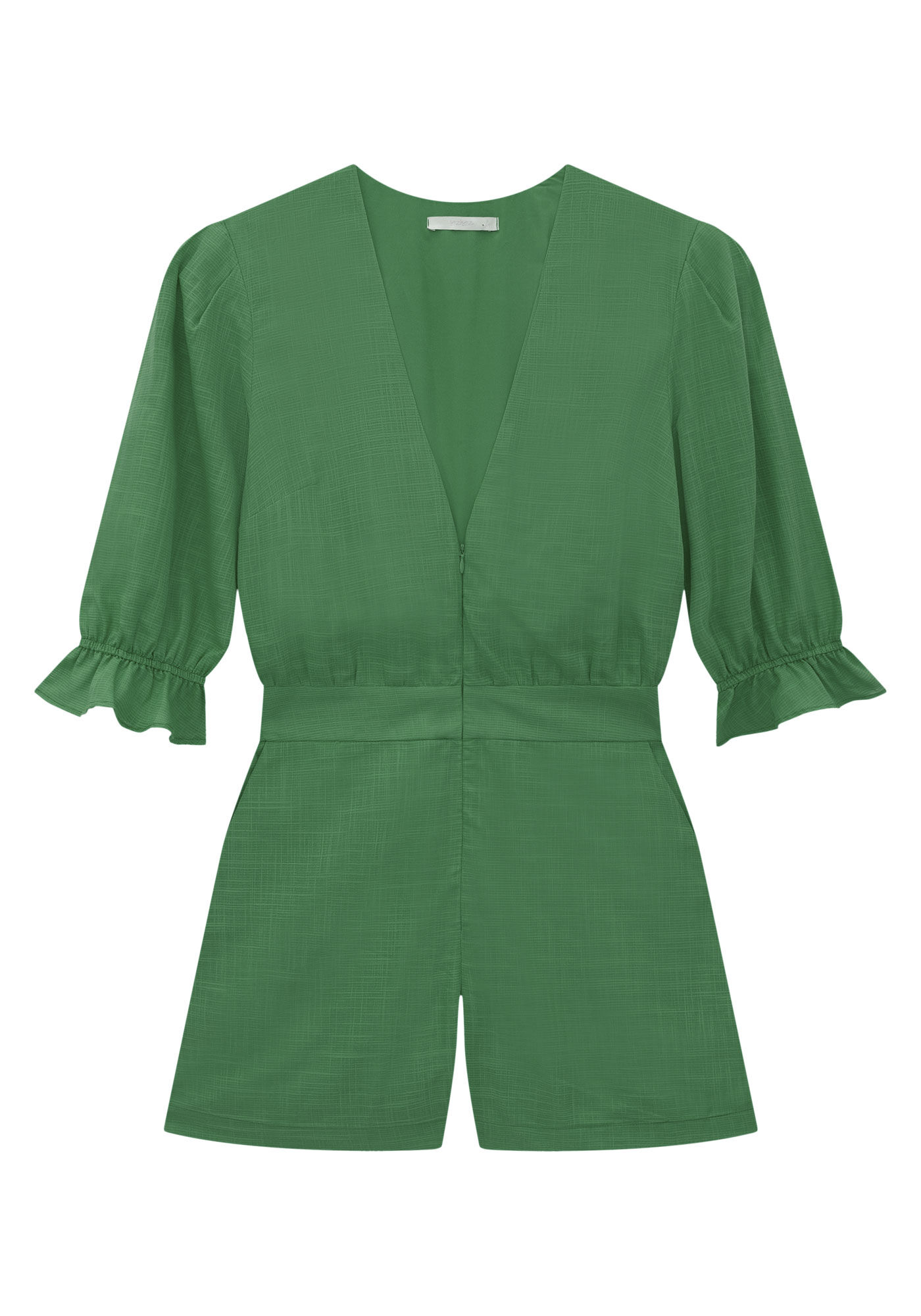 Macac&atilde;o Curto em Tecido Thige com Babado e Z&iacute;per, , large.