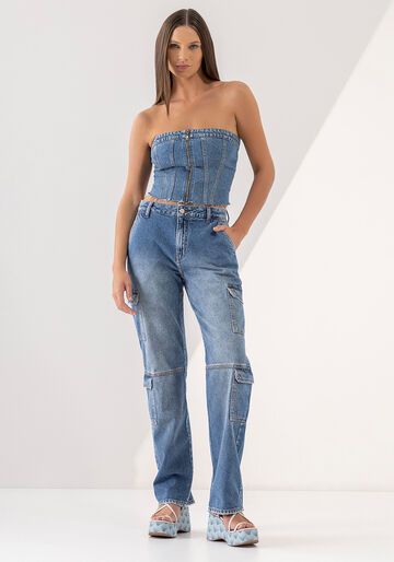 Calça Jeans Cargo com Cintura Média, JEANS, large.