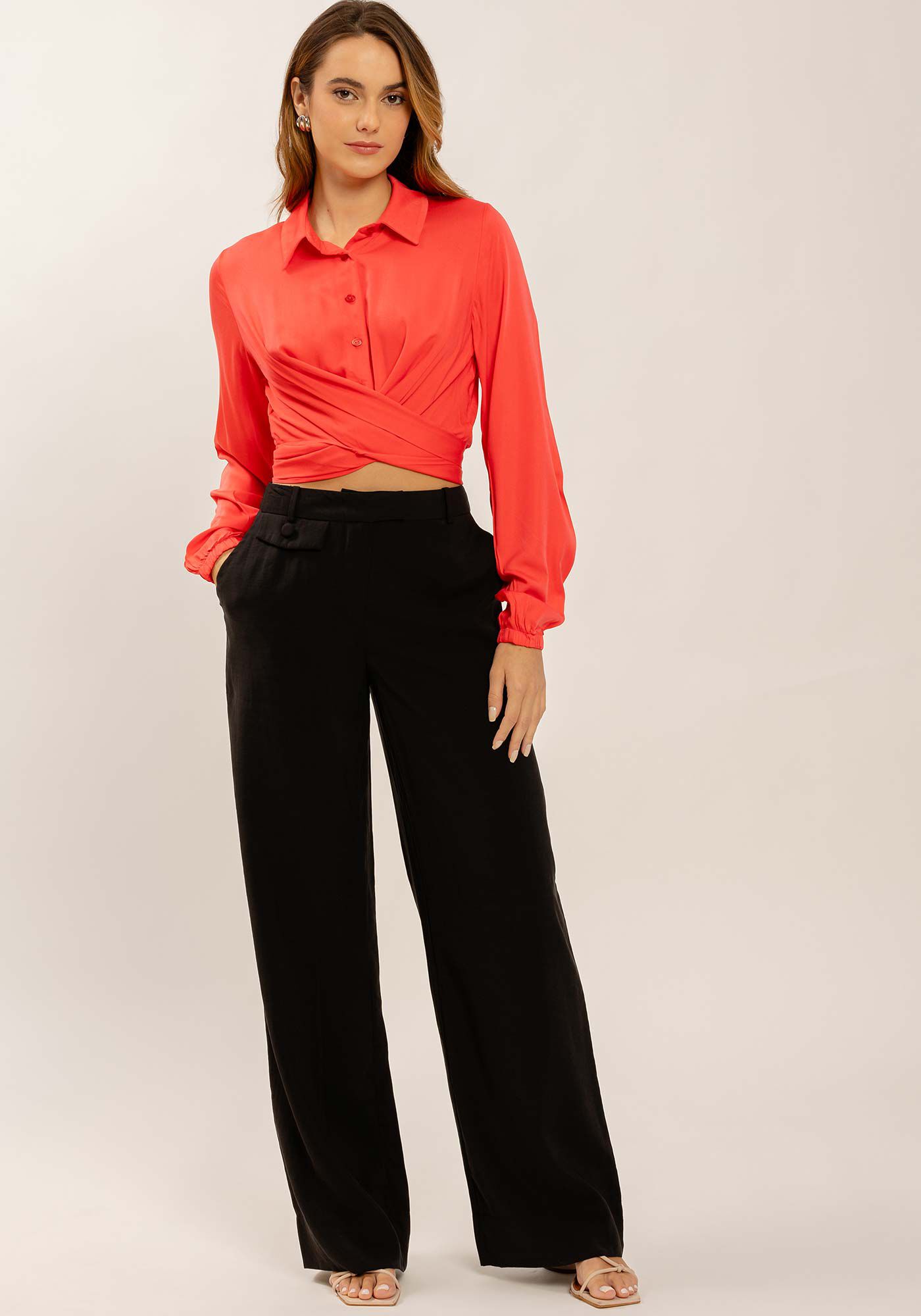 Camisa Cropped Manga Longa Transpassada, , large.