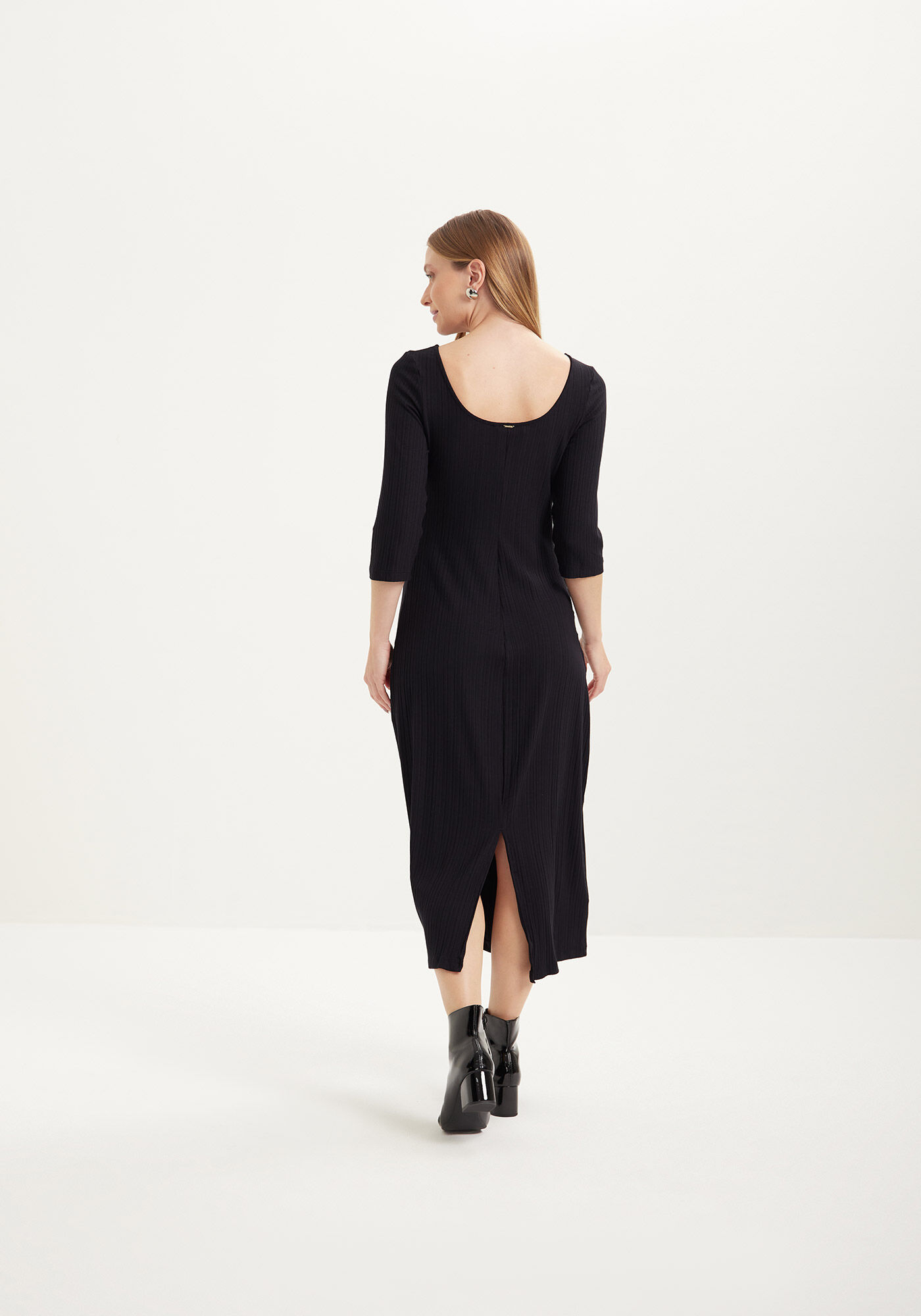 Vestido Midi Em Malha Canelada Com Fenda E Mangas M&eacute;dias, , large.