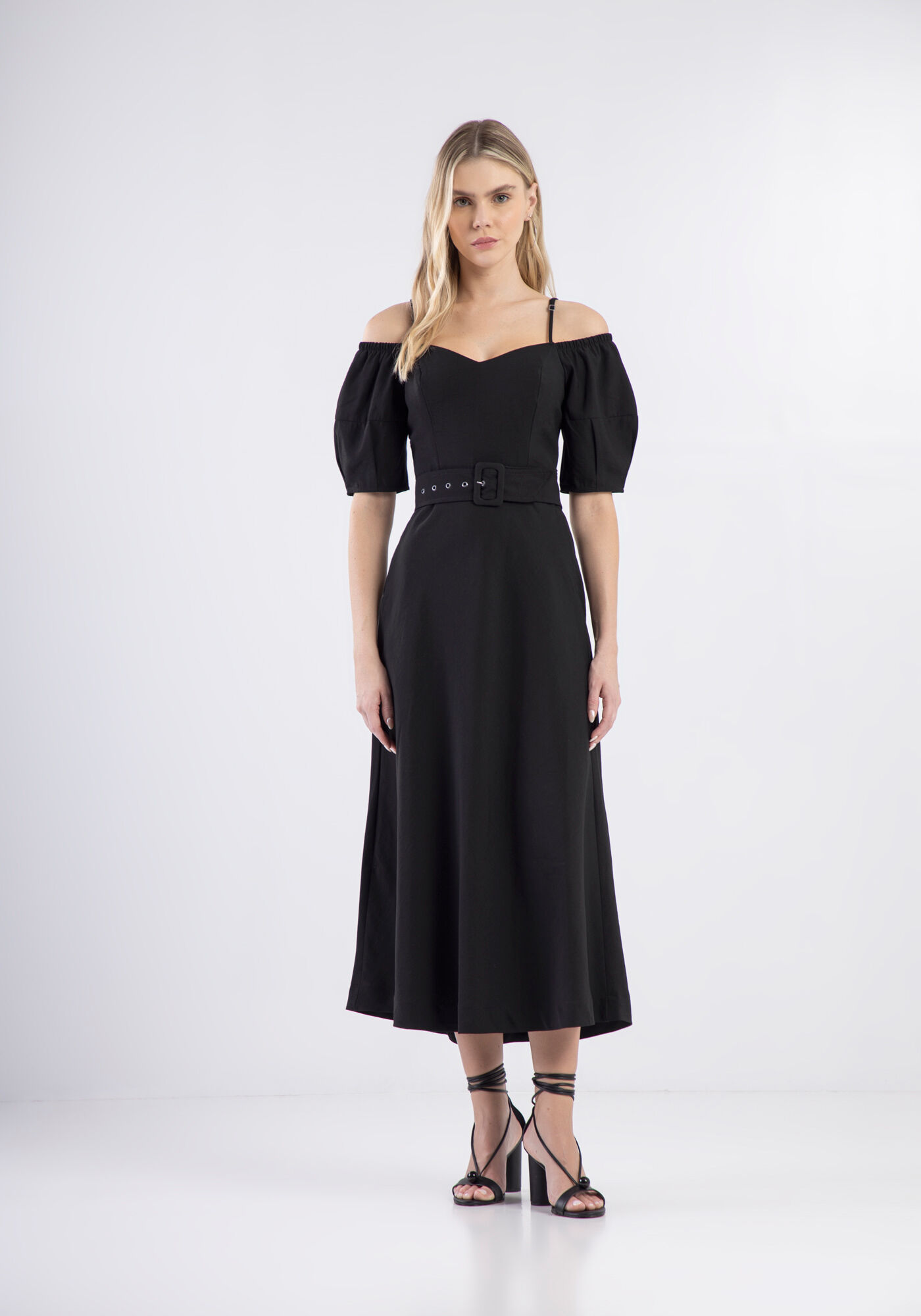 Vestido Midi com Recorte Ombros e Cinto, , large.