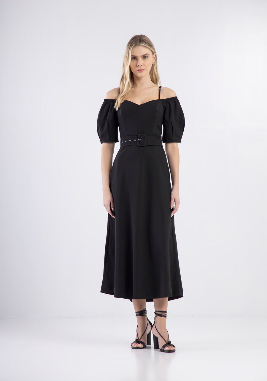 Vestido Midi com Recorte Ombros e Cinto, . Vestido Midi com Recorte Ombros e Cinto, , large.