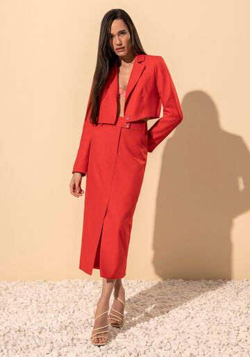 Blazer Cropped Com Lapelas E Botão Em Tecido Plano, VERMELHO CLAIR. Blazer Cropped Com Lapelas E Botão Em Tecido Plano, VERMELHO CLAIR, large.