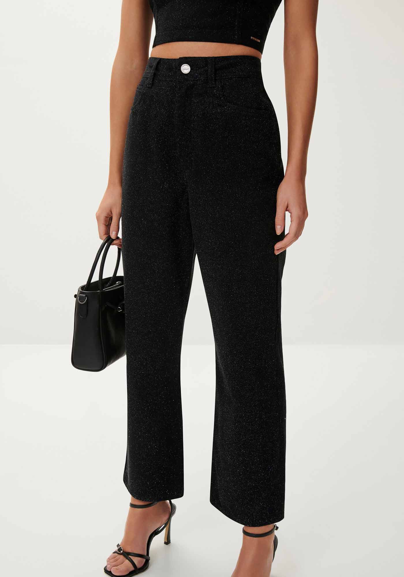 Cal&ccedil;a Sarja Reta Super Alta Cropped com Glitter, PRETO REATIVO, large.