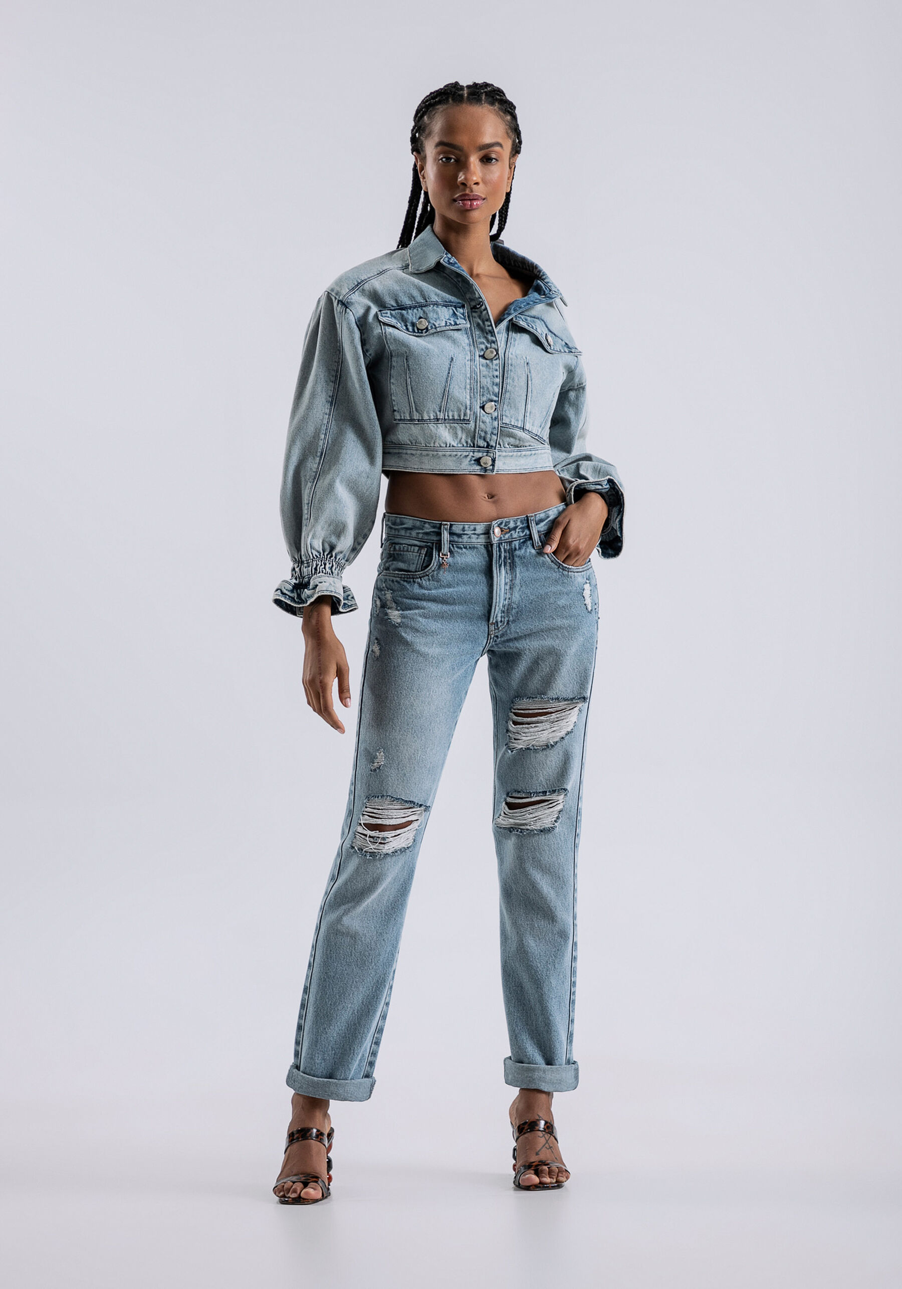 Jaqueta Jeans Cropped com Babado Mangas, . Jaqueta Jeans Cropped com Babado Mangas, , large.
