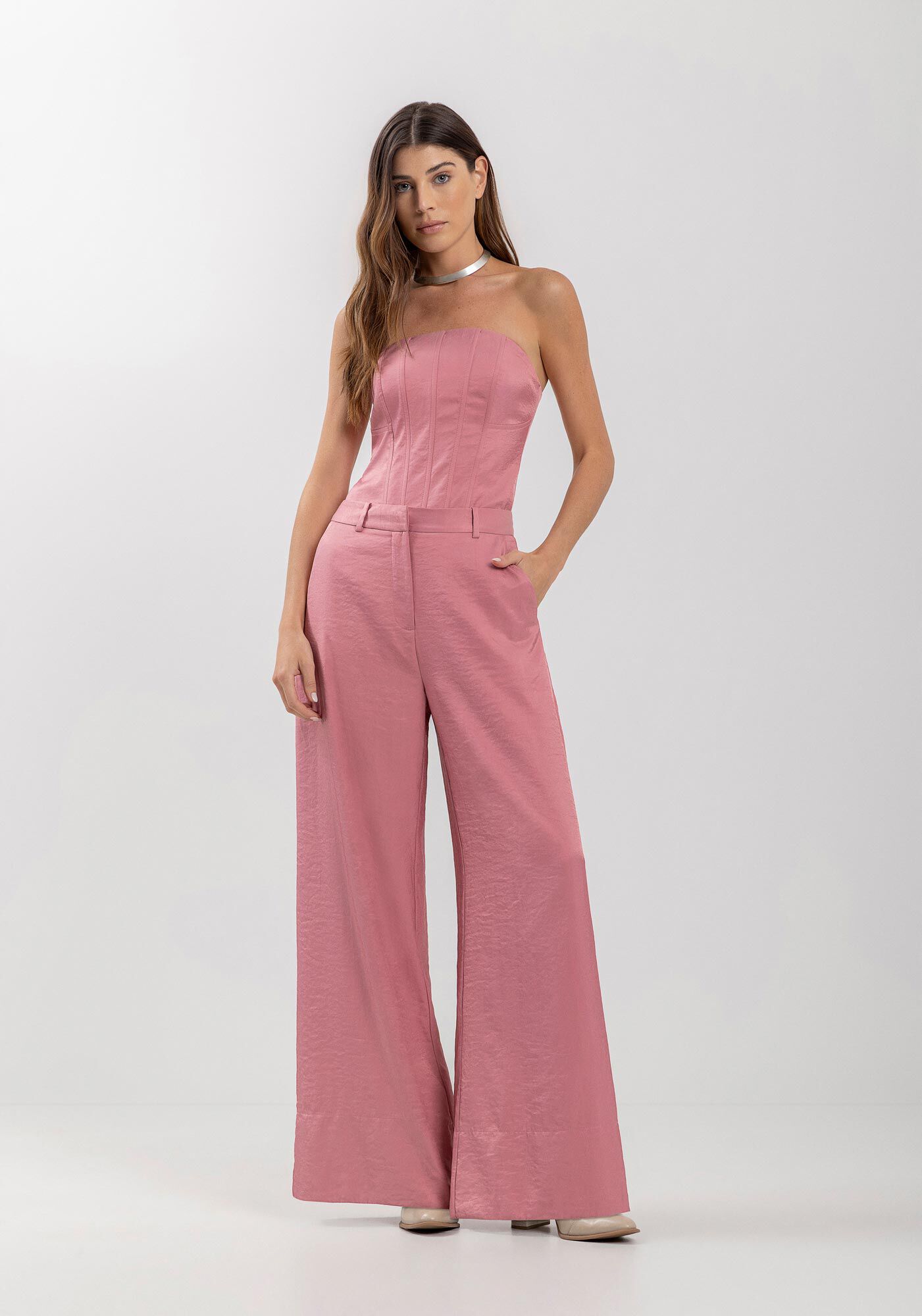 Cal&ccedil;a Flare De Cintura Alta Com Barra Larga E Passantes, ROSA LAVANDER, large.