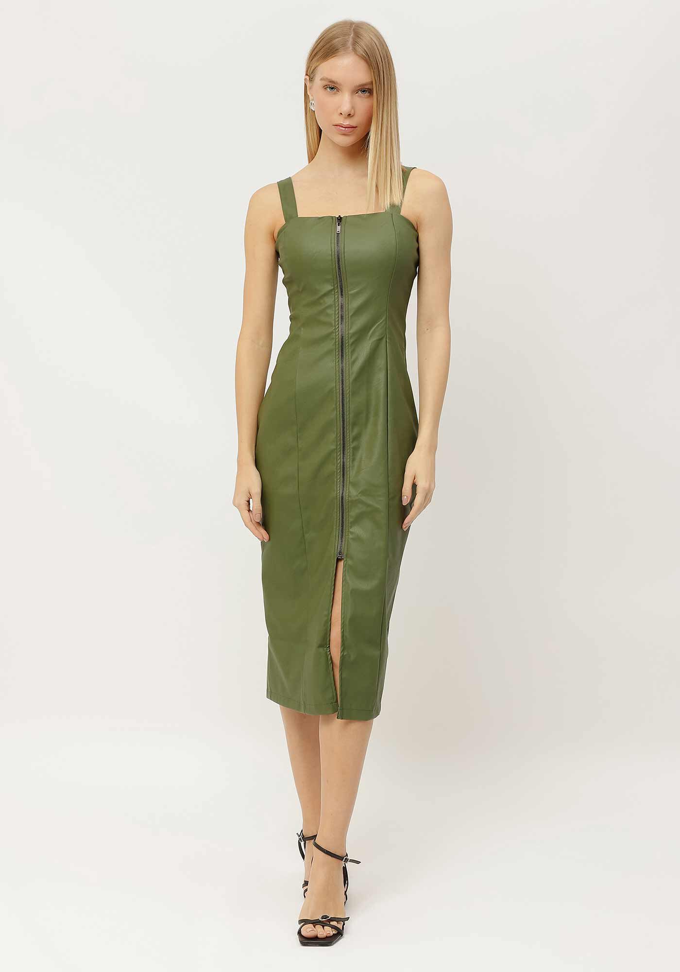 Vestido Midi em PU com Z&iacute;per e Fenda, , large.