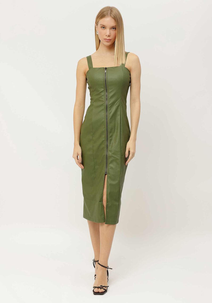 Vestido Midi em PU com Zíper e Fenda, . Vestido Midi em PU com Zíper e Fenda, , large.