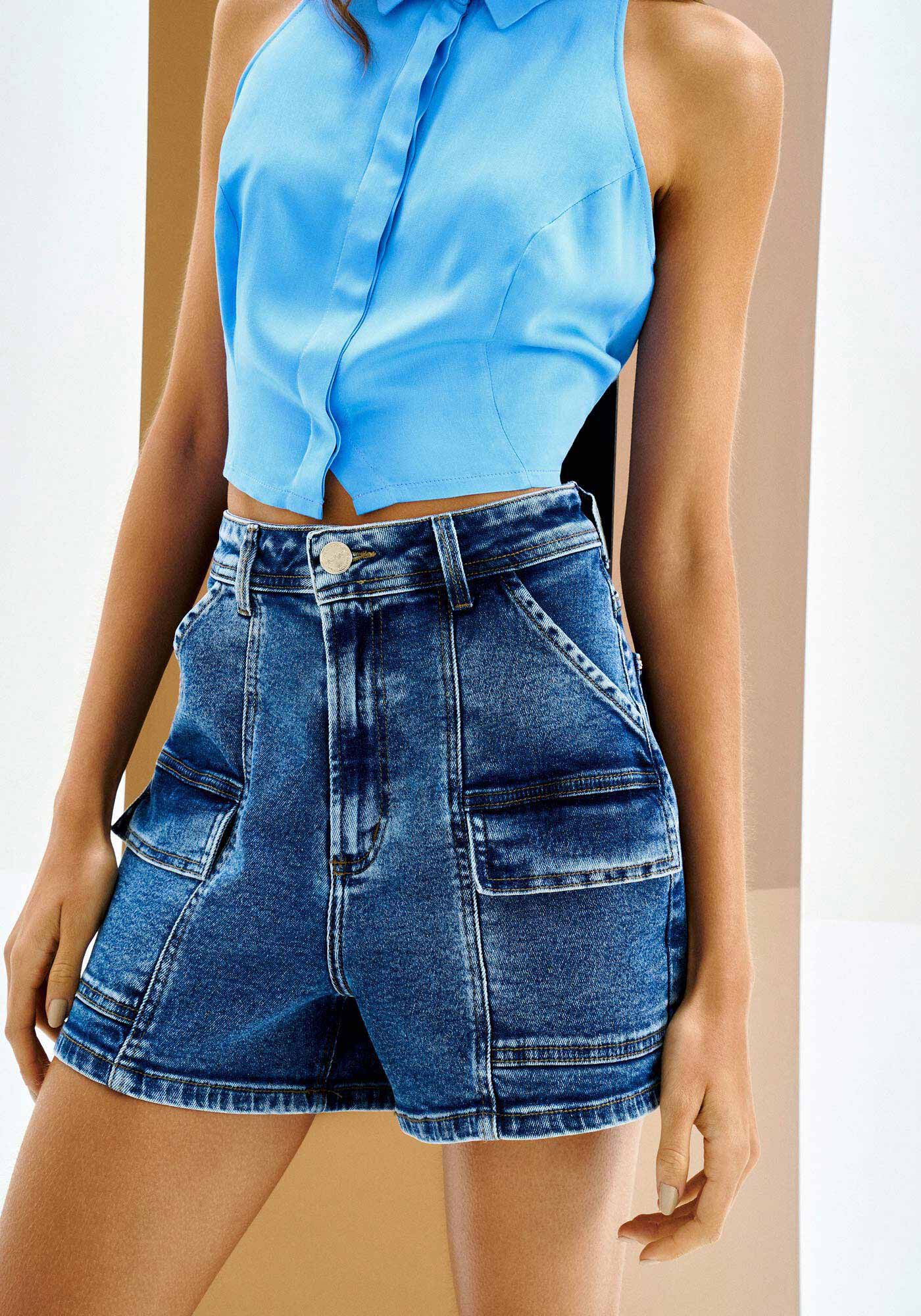 Shorts Jeans Hot Pant com Bolso Cargo, , large.