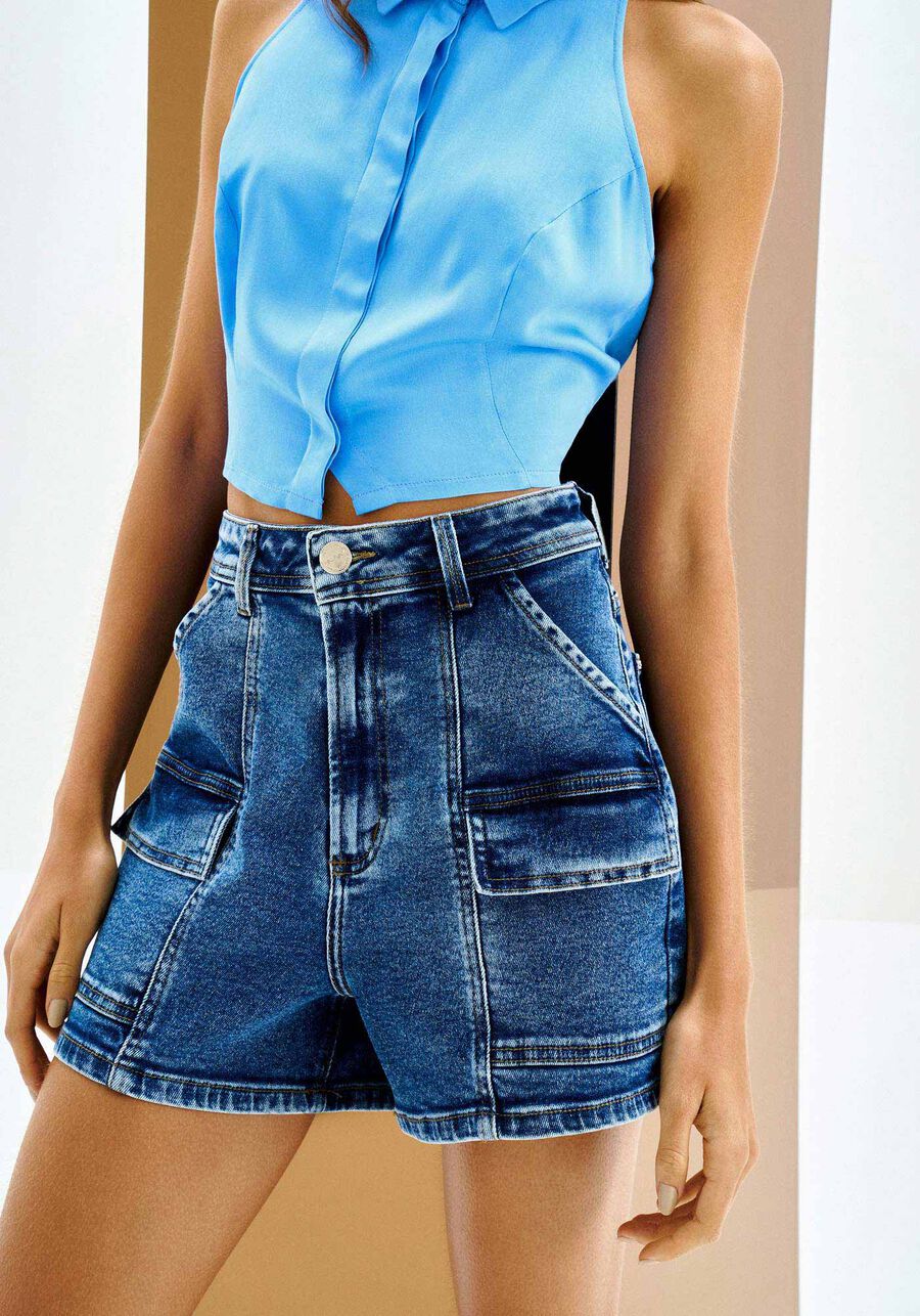 Shorts Jeans Hot Pant com Bolso Cargo, JEANS. Shorts Jeans Hot Pant com Bolso Cargo, JEANS, large.
