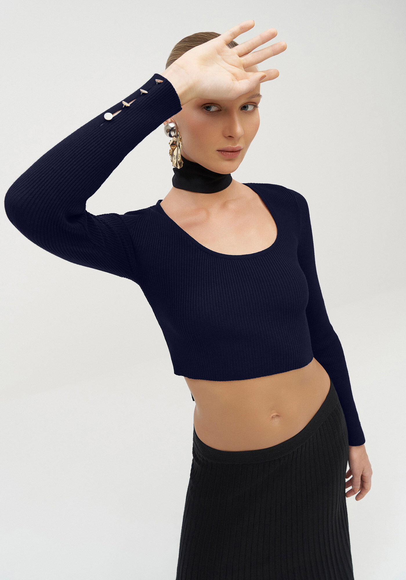 Blusa Cropped em Tric&ocirc; com Bot&otilde;es Manga, MARINHO ACTION, large.