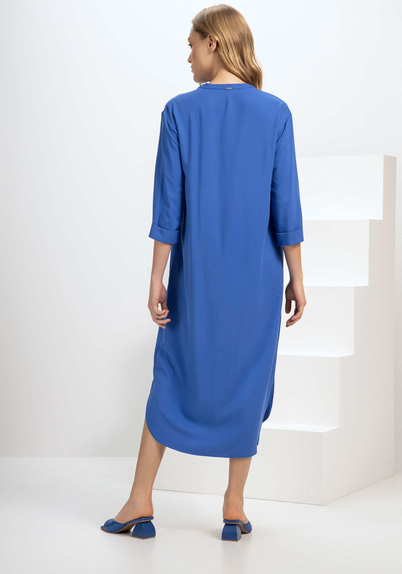 Vestido Chemise Midi em Viscose com Cinto, AZUL AZULON, large.