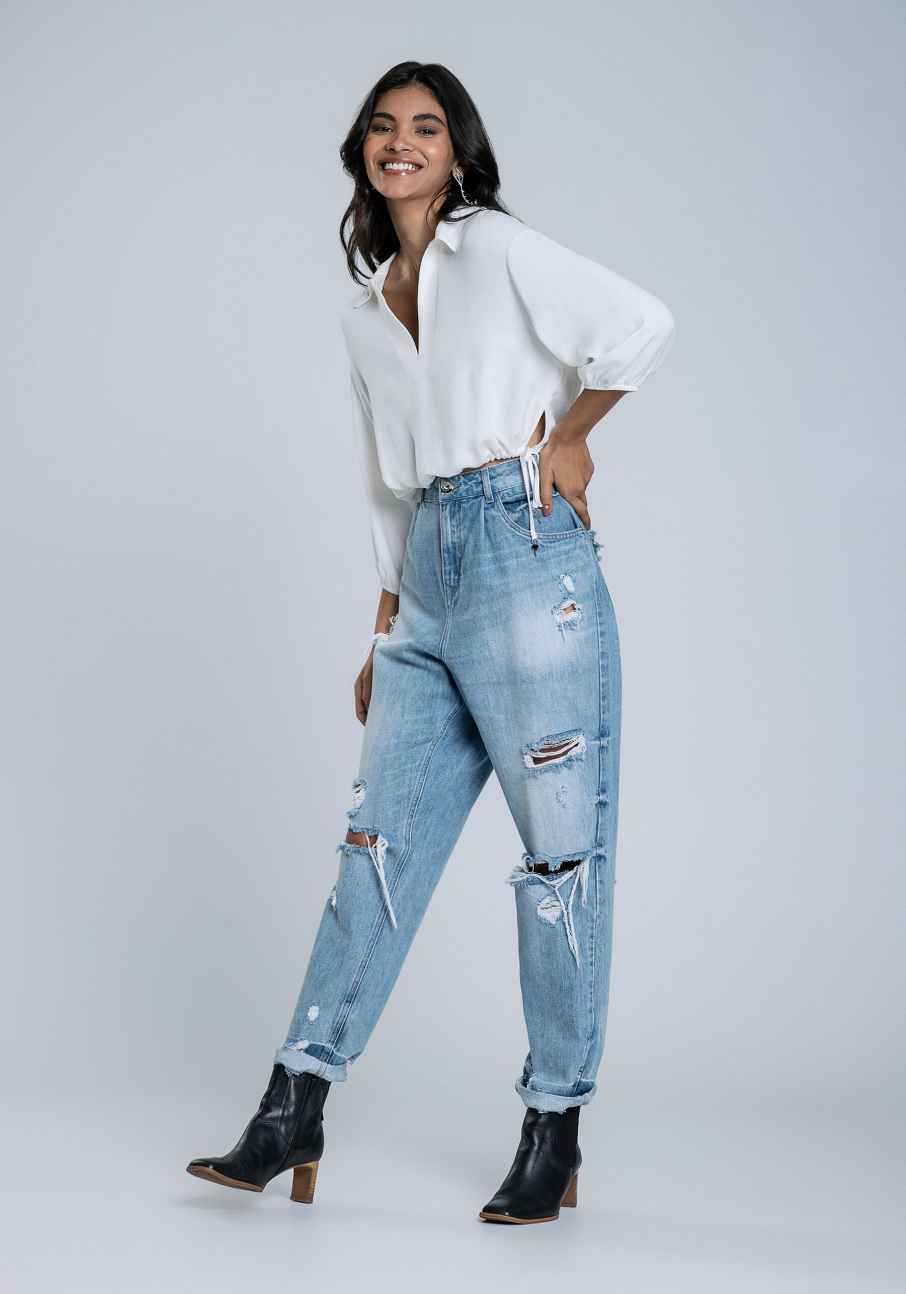 Blusa Manga 3/4 em Crepe com Amarração Barra, BRANCO OFF WHITE. Blusa Manga 3/4 em Crepe com Amarração Barra, BRANCO OFF WHITE, large.