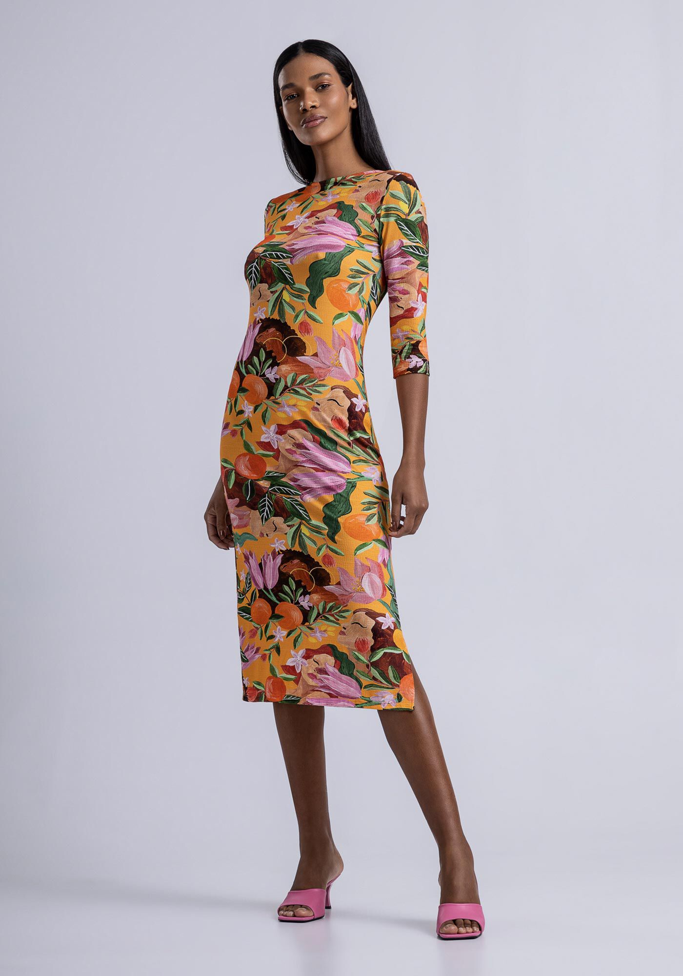 Vestido Midi Manga 3/4 em Malha com Recorte, POMAR, large.