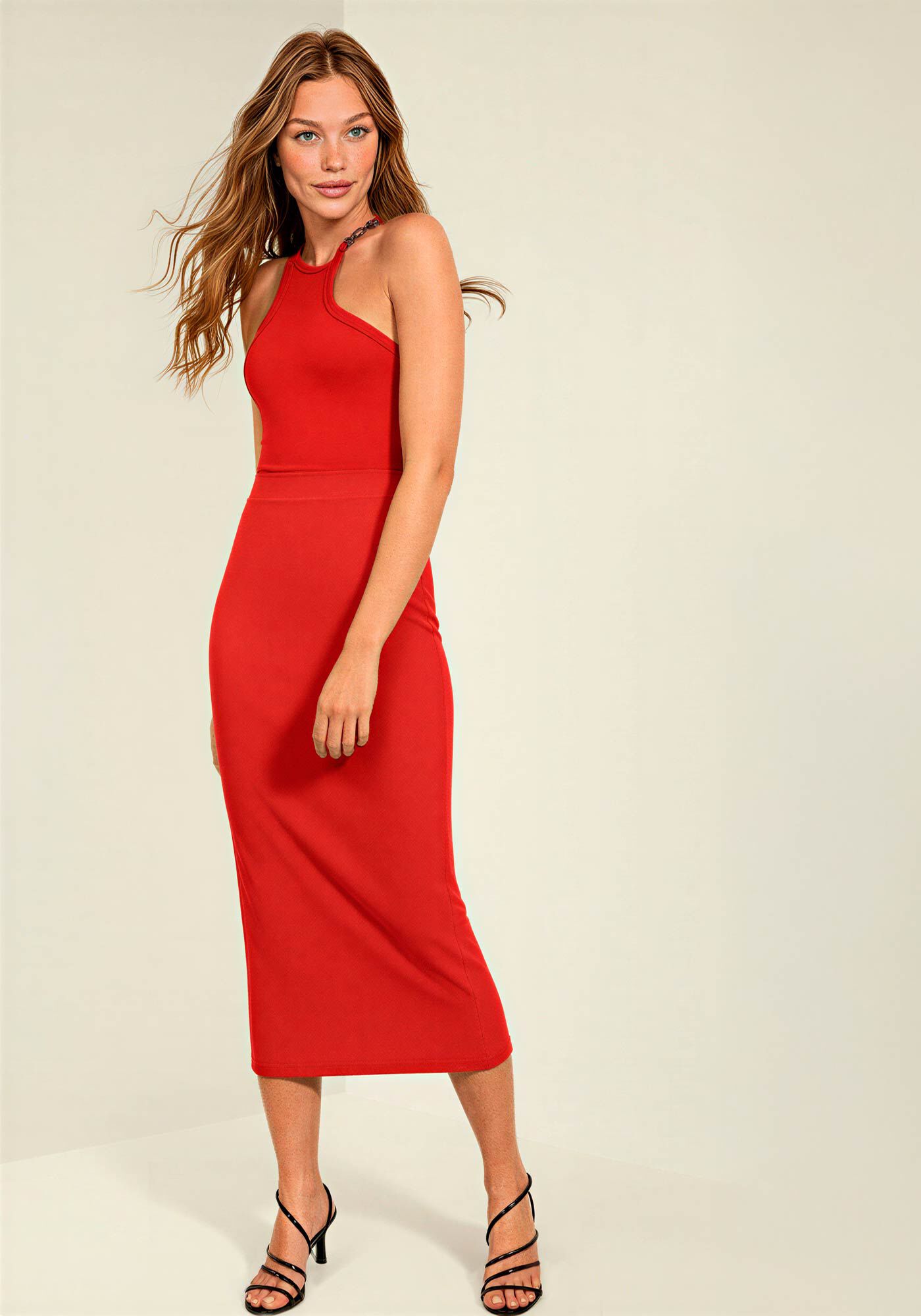 Saia Canelada Ch&aacute; De Cintura Alta Com Fenda Posterior, VERMELHO CLAIR, large.