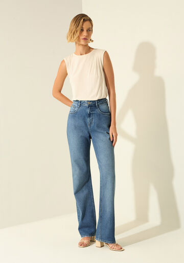 Calça Jeans Reta Com Cintura Alta E Bolsos, JEANS. Calça Jeans Reta Com Cintura Alta E Bolsos, JEANS, large.