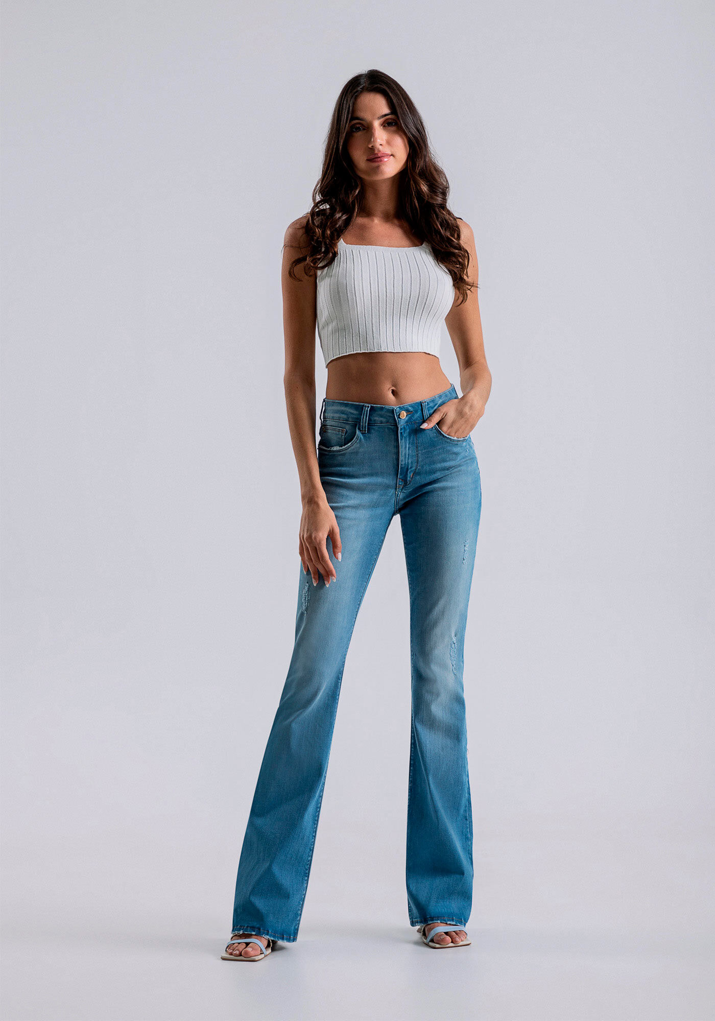 Cal&ccedil;a Jeans Malibu Boot Cut com Faixa, JEANS, large.