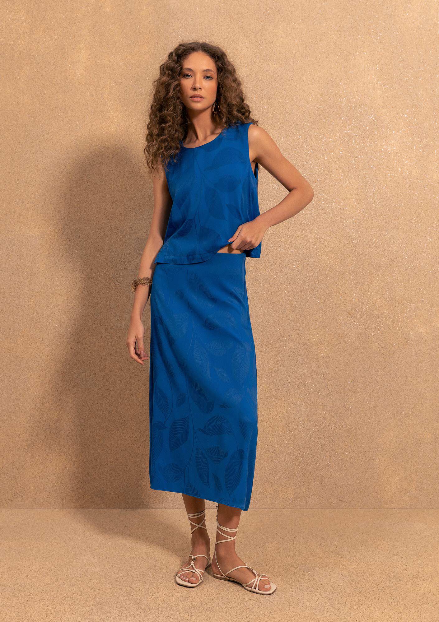 Saia Ch&aacute; Estampada Com Cintura Alta E Z&iacute;per Lateral, AZUL NAIVE, large.