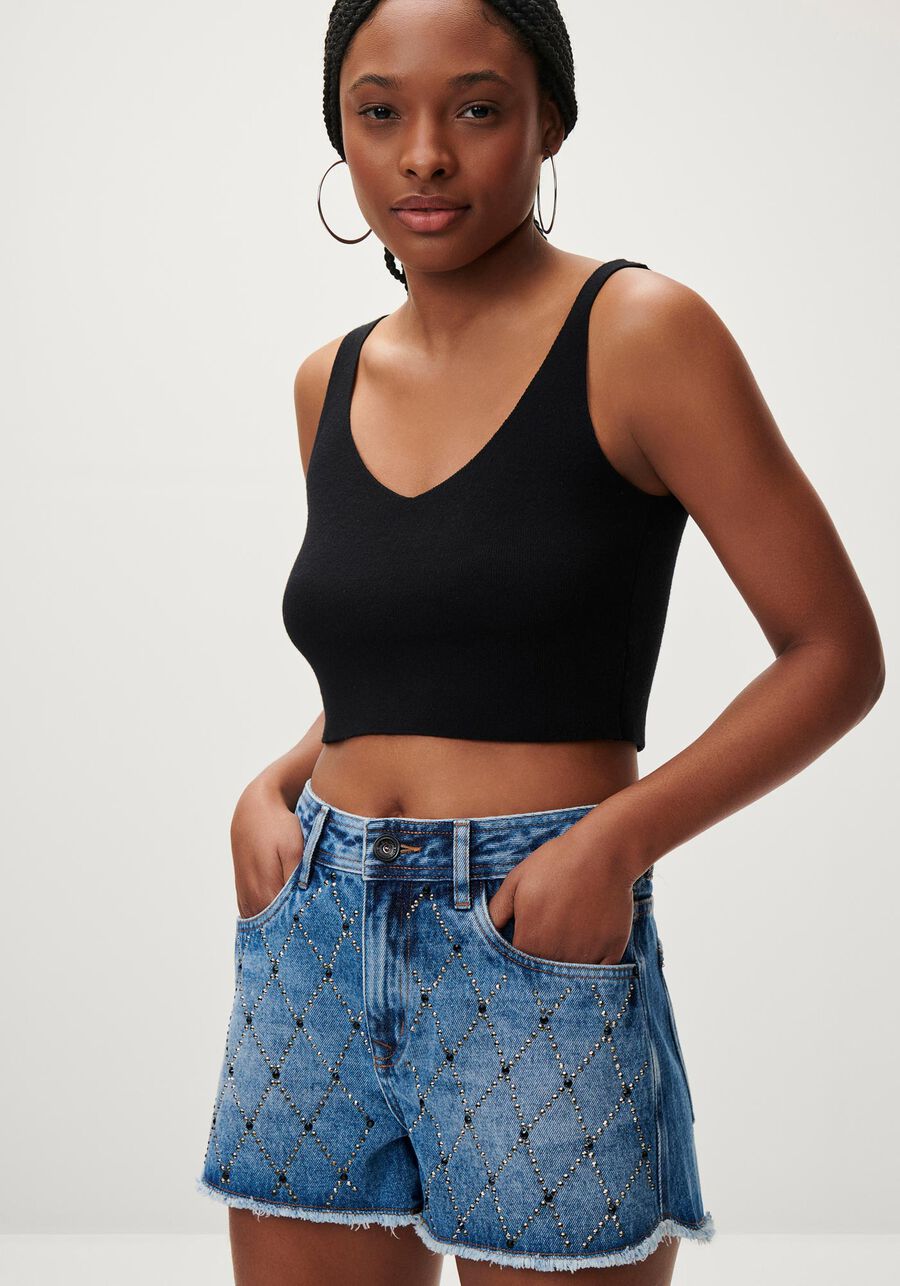 Shorts Jeans Linha A com Strass, JEANS. Shorts Jeans Linha A com Strass, JEANS, large.