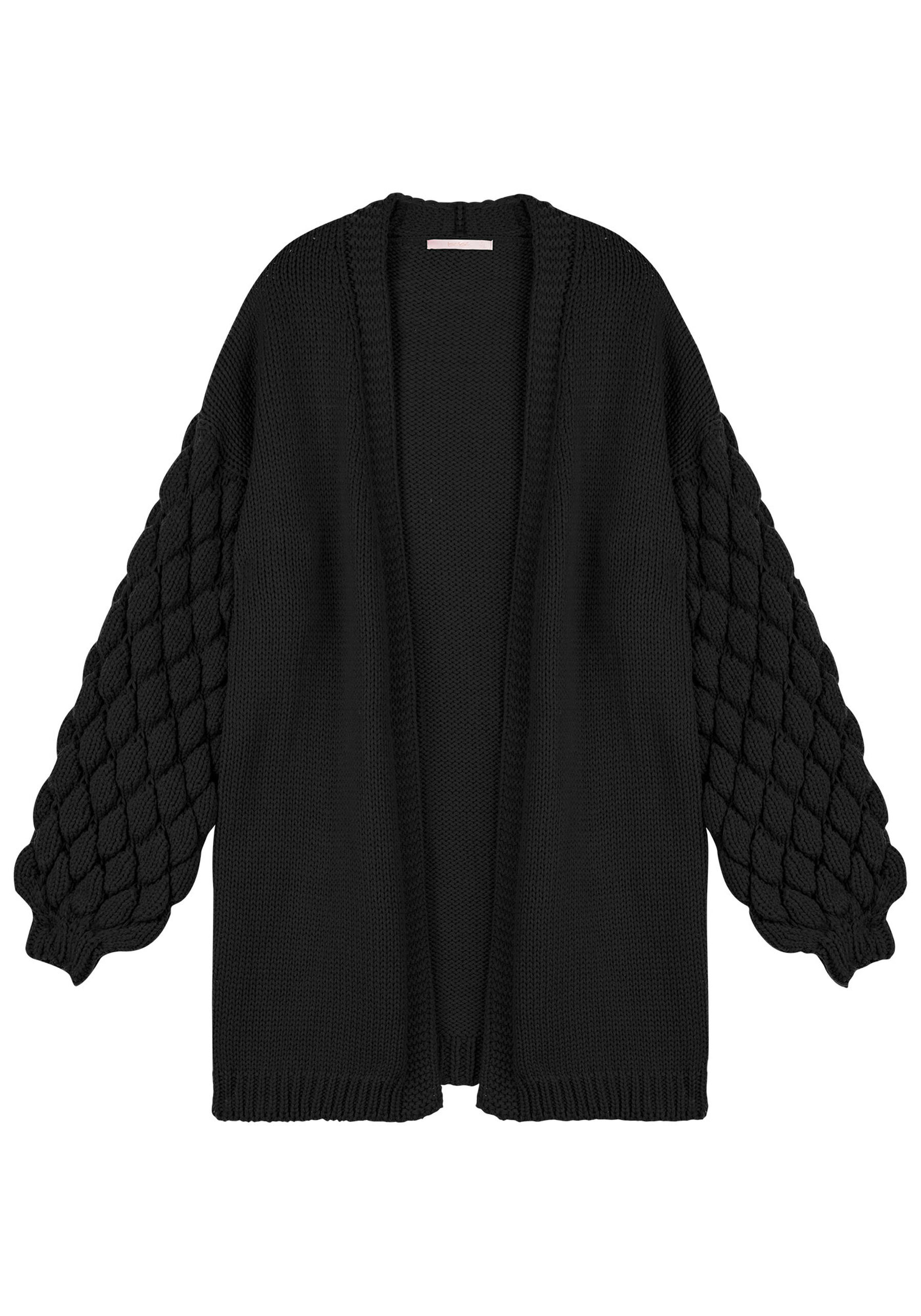 Cardigan Alongado em Tricô com Textura Mangas, PRETO REATIVO. Cardigan Alongado em Tricô com Textura Mangas, PRETO REATIVO, large.