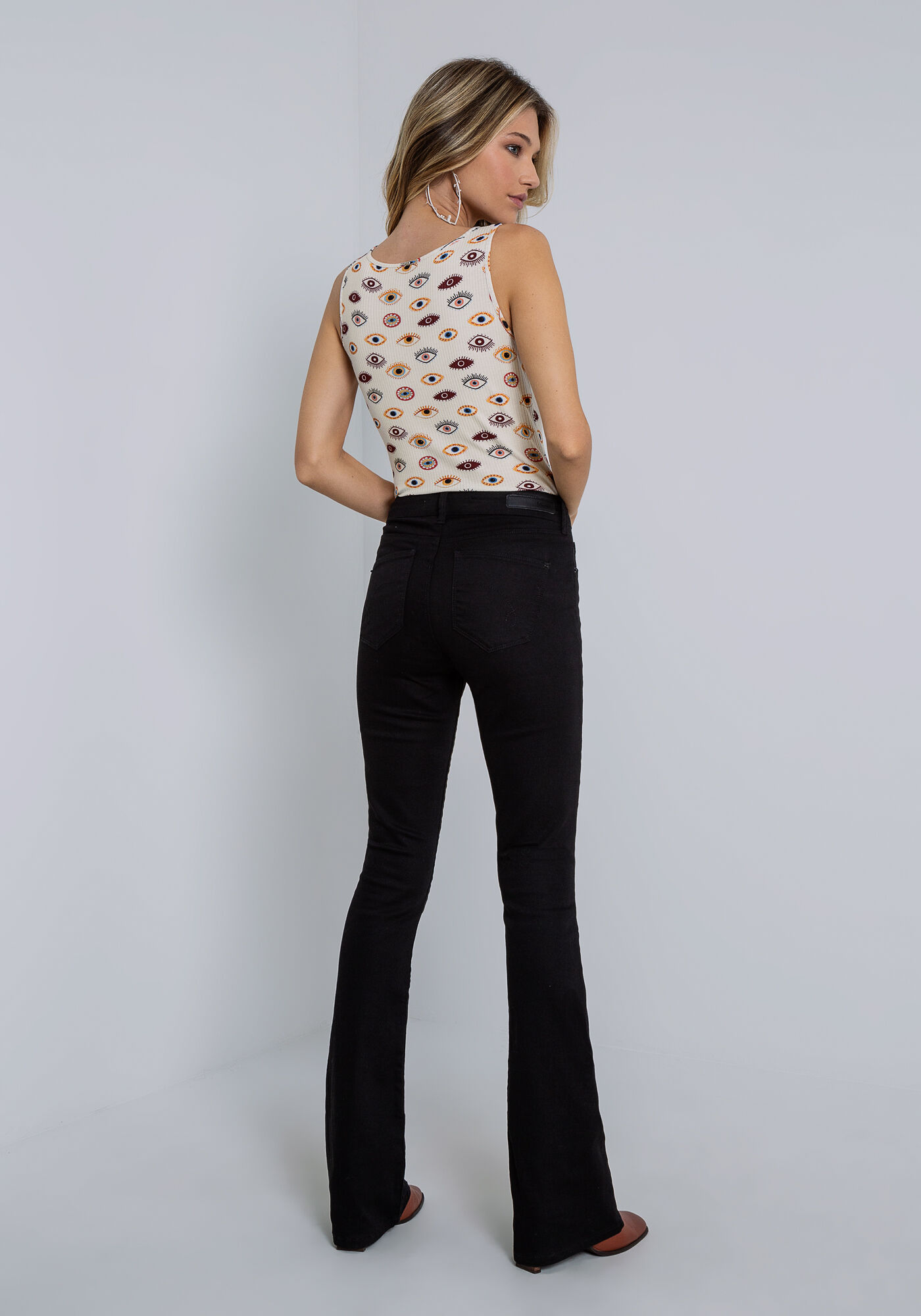 Body Justo em Malha Canelada Estampado, OLHARES, large.