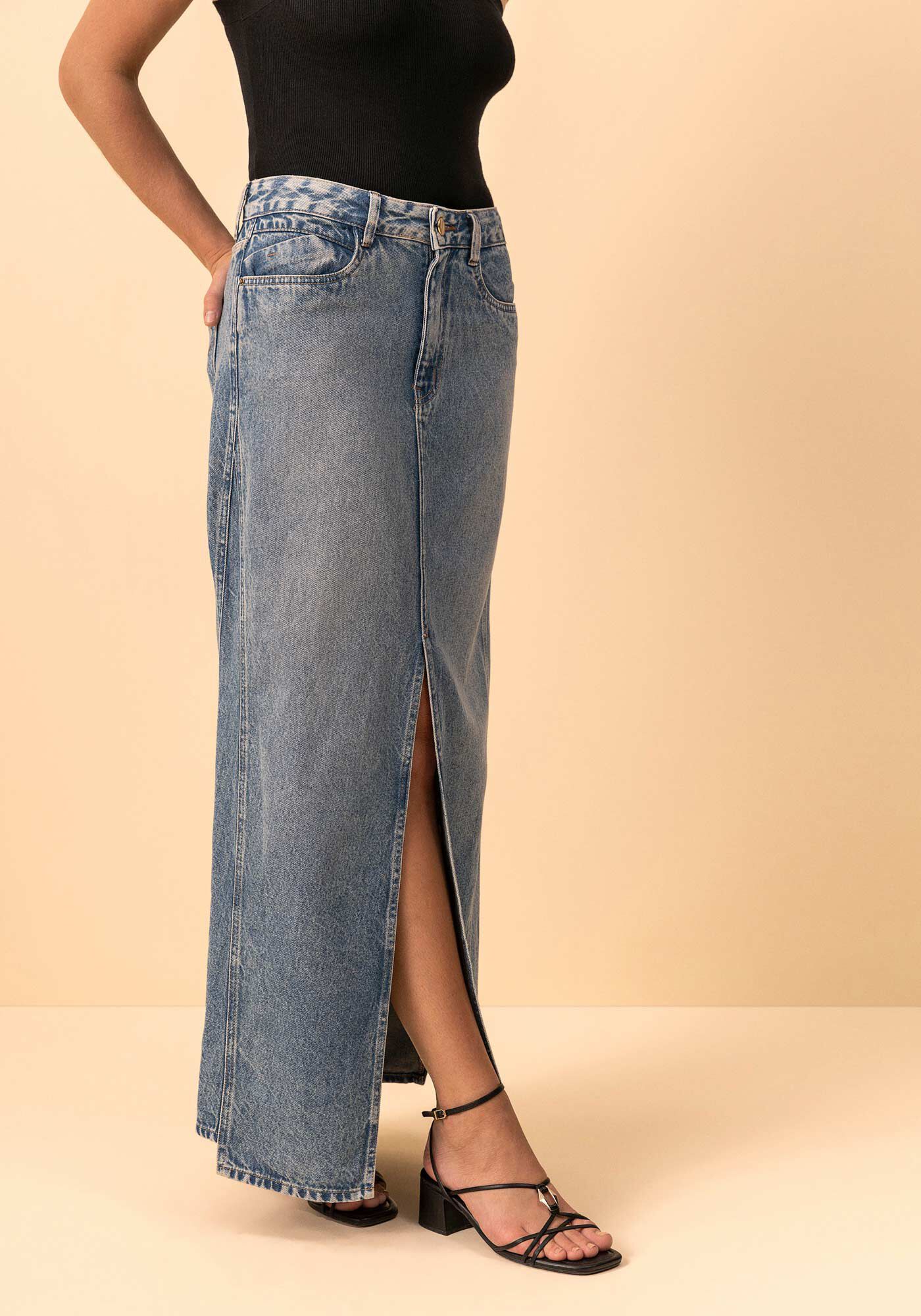 Saia Jeans Longa De Cintura Alta Com Fenda E Recortes, JEANS, large.