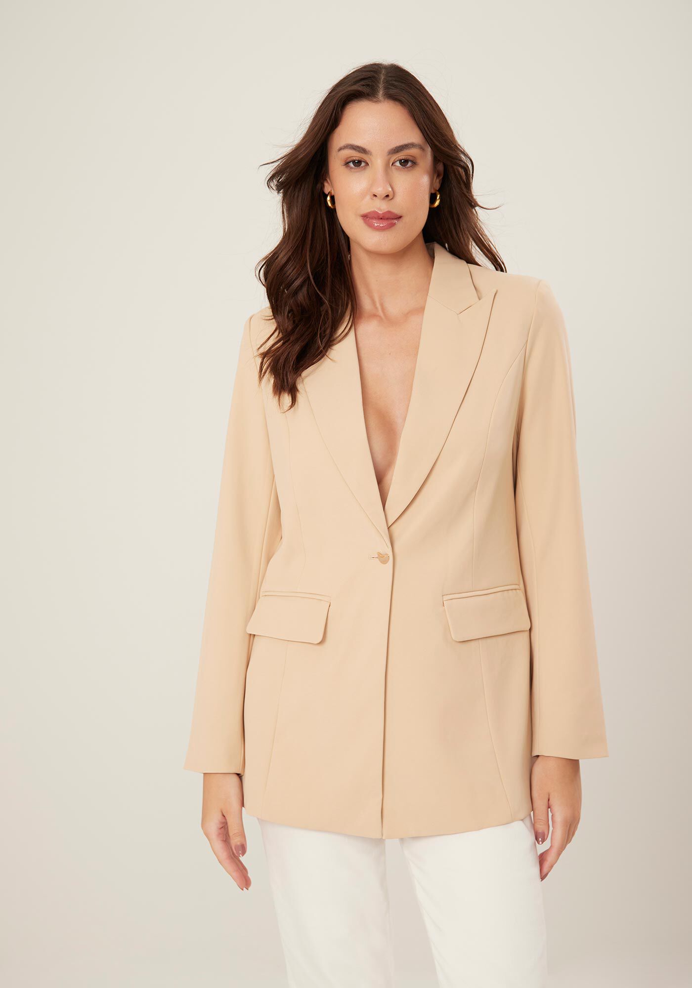 Blazer Alongado Em Alfaiataria Com Lapelas Frontais, BEGE CENTURY, large.