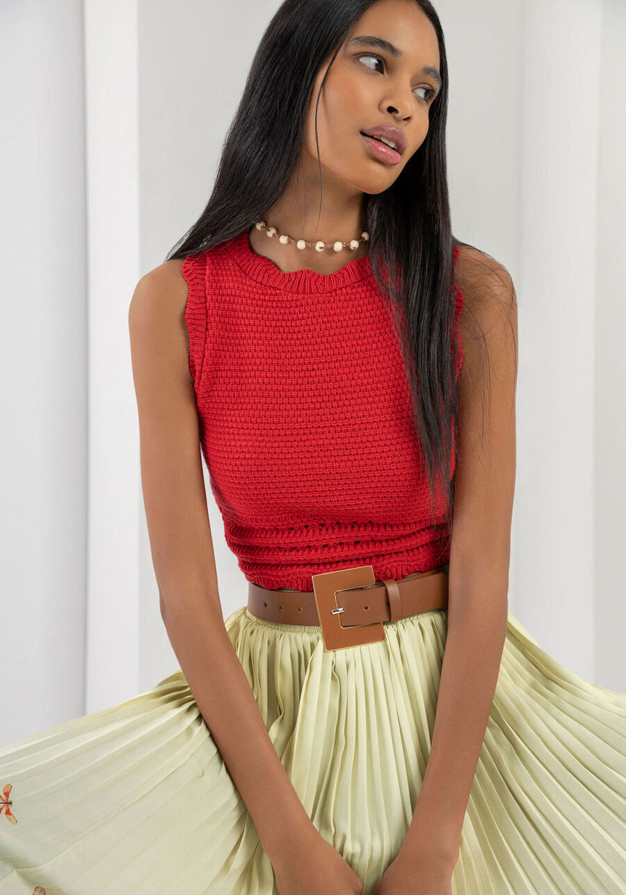Blusa Cropped em Tricô com Detalhe Textura, VERMELHO RED HOT. Blusa Cropped em Tricô com Detalhe Textura, VERMELHO RED HOT, large.