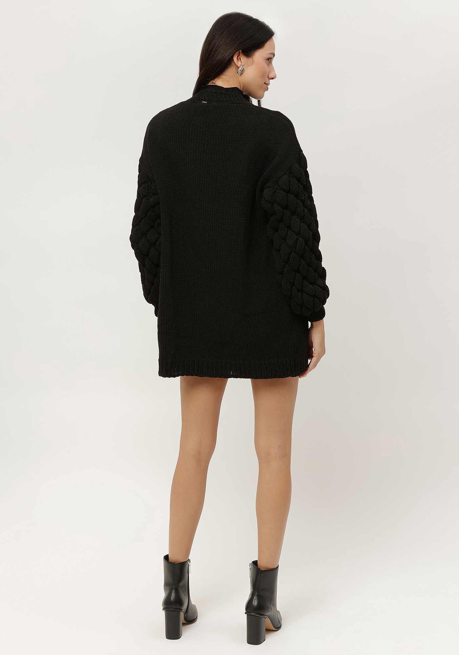 Cardigan Alongado em Tricô com Textura Mangas, PRETO REATIVO. Cardigan Alongado em Tricô com Textura Mangas, PRETO REATIVO, large.