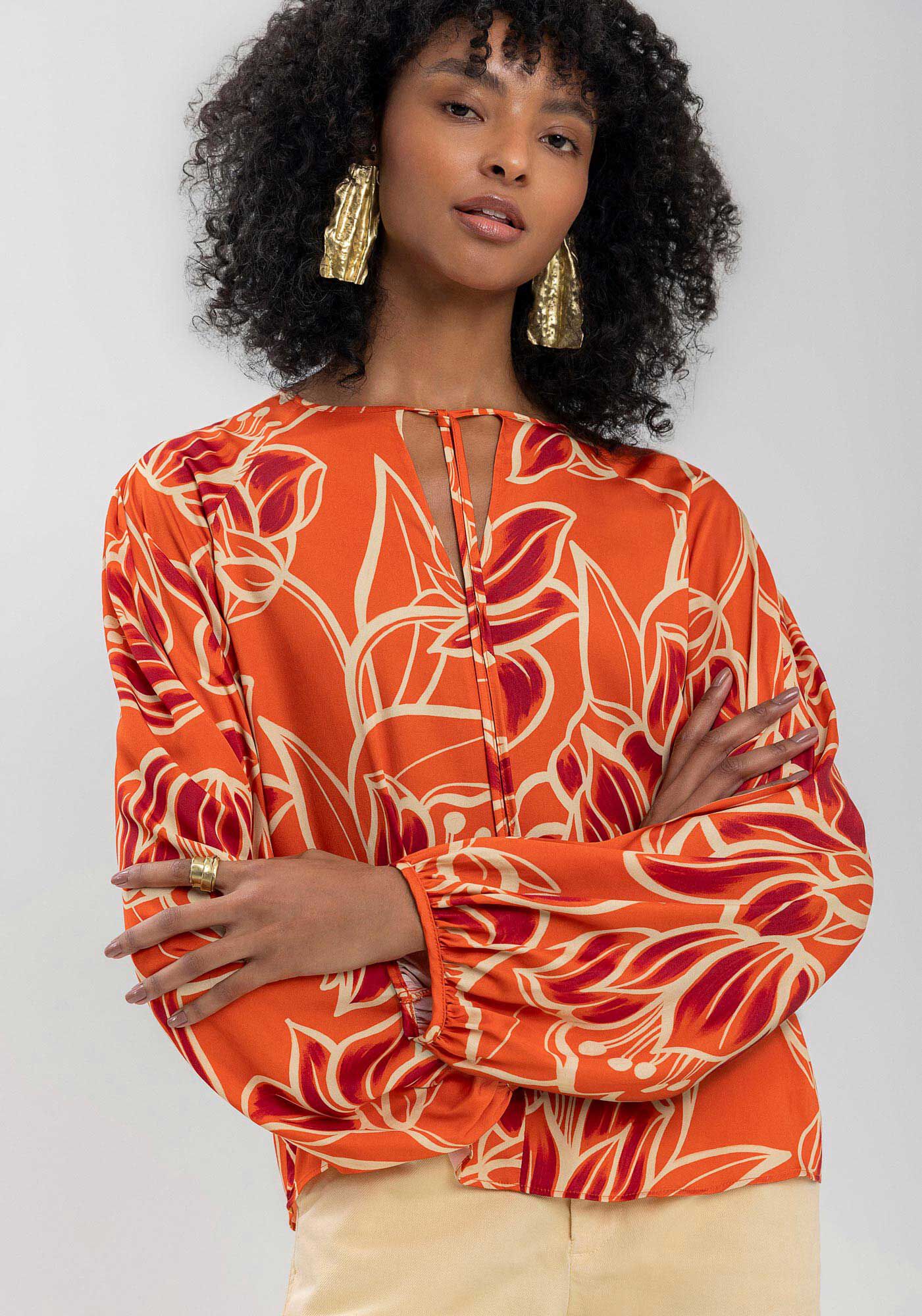 Blusa Estampada De Mangas Amplas Com Amarra&ccedil;&atilde;o Frontal, , large.