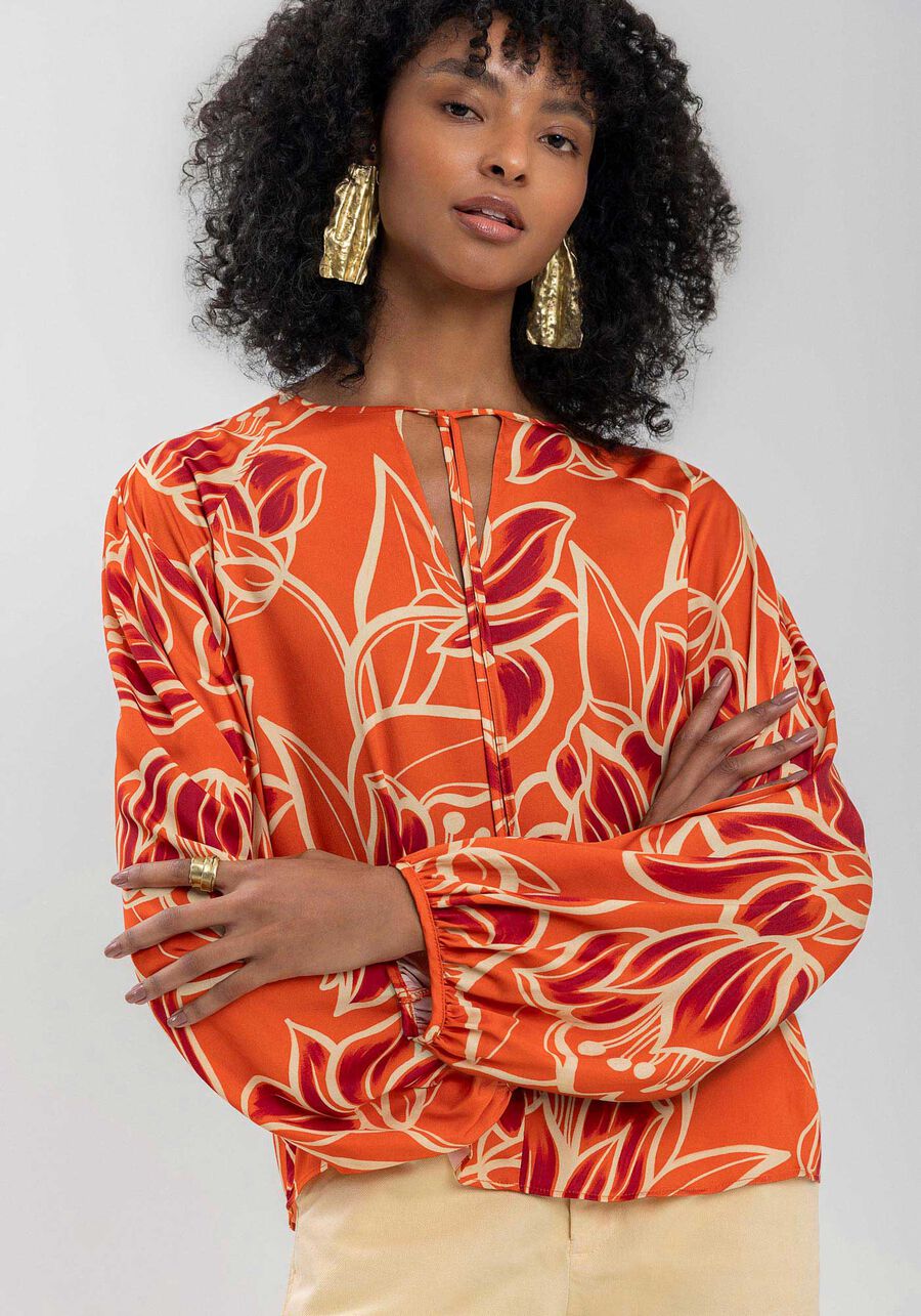 Blusa Estampada De Mangas Amplas Com Amarração Frontal, . Blusa Estampada De Mangas Amplas Com Amarração Frontal, , large.
