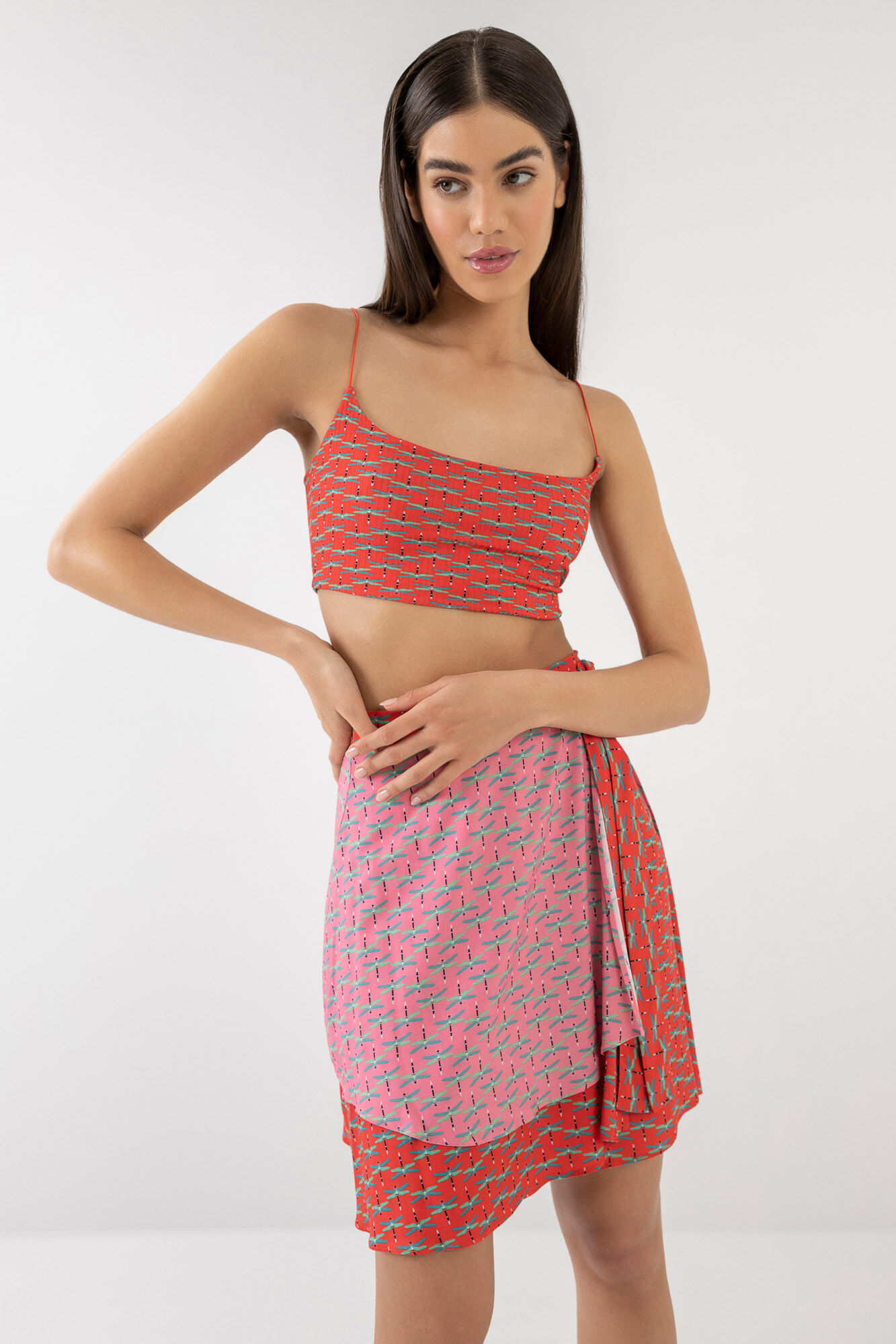 Blusa Cropped Estampada com Top Canelado, ESCARLATE, large.