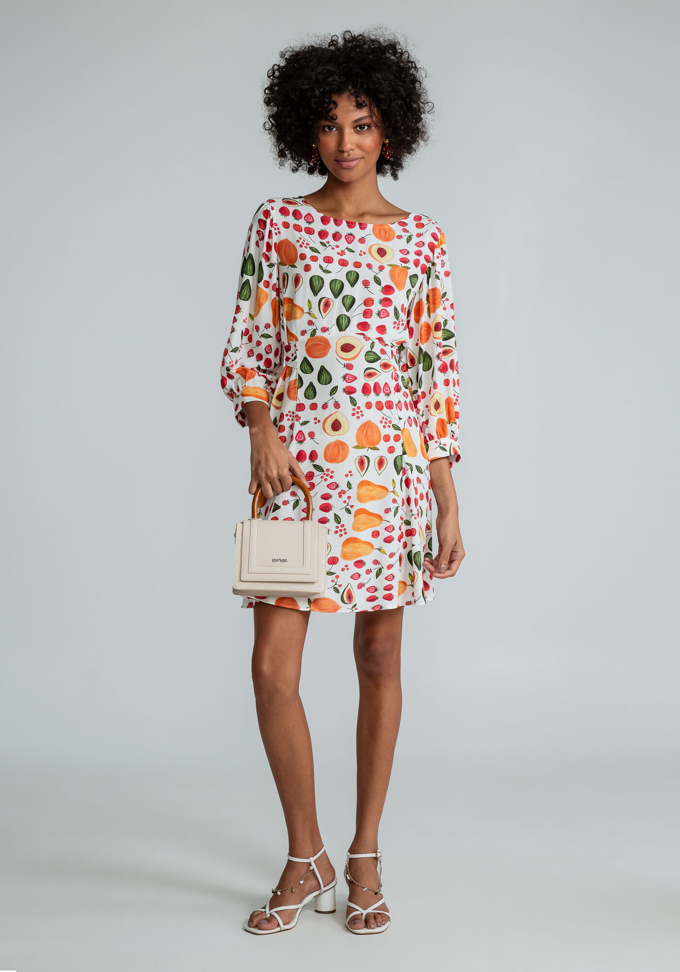 Vestido Manga 3/4 Bufante Estampado, SALADA DE FRUTAS, large.