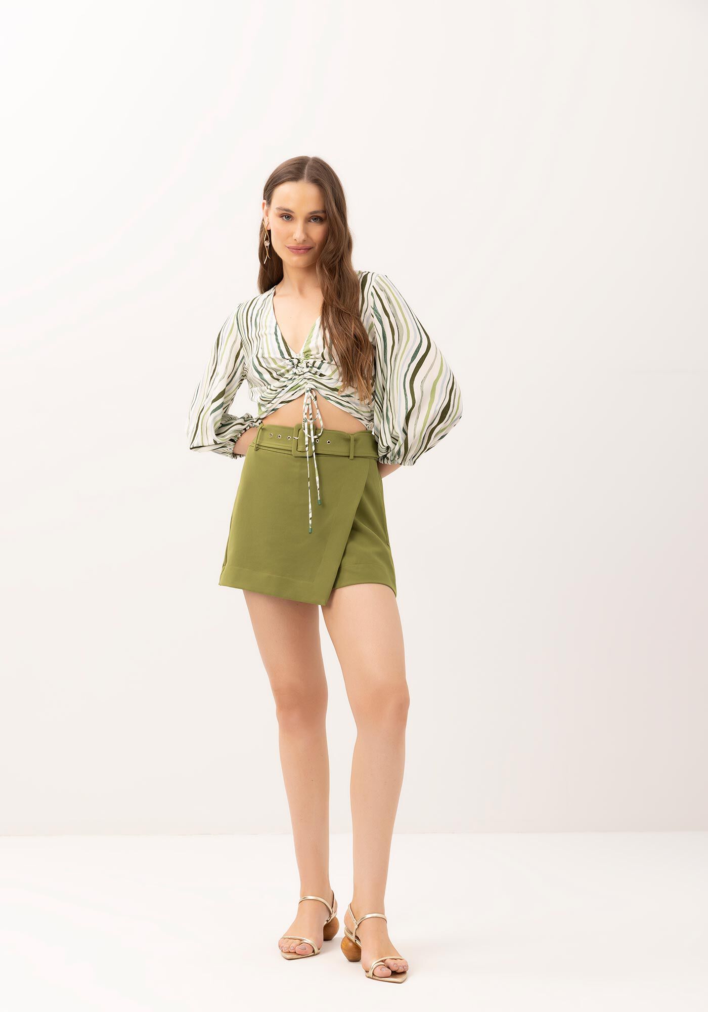 Blusa Manga 3/4 Bufante Estampada com Amarra&ccedil;&atilde;o, , large.