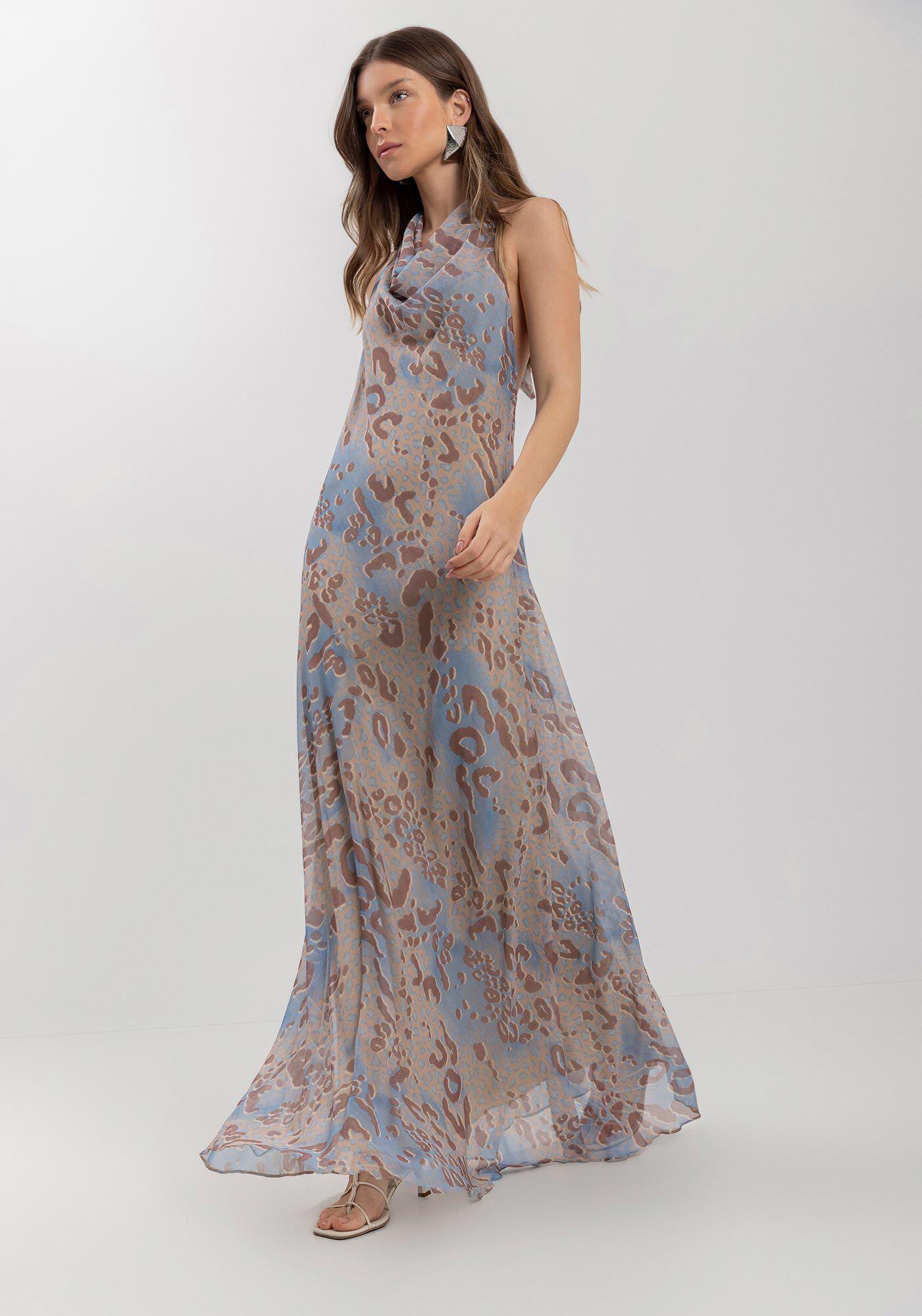 Vestido Longo Estampado Com Gola Degag&ecirc; E Amarra&ccedil;&atilde;o, , large.