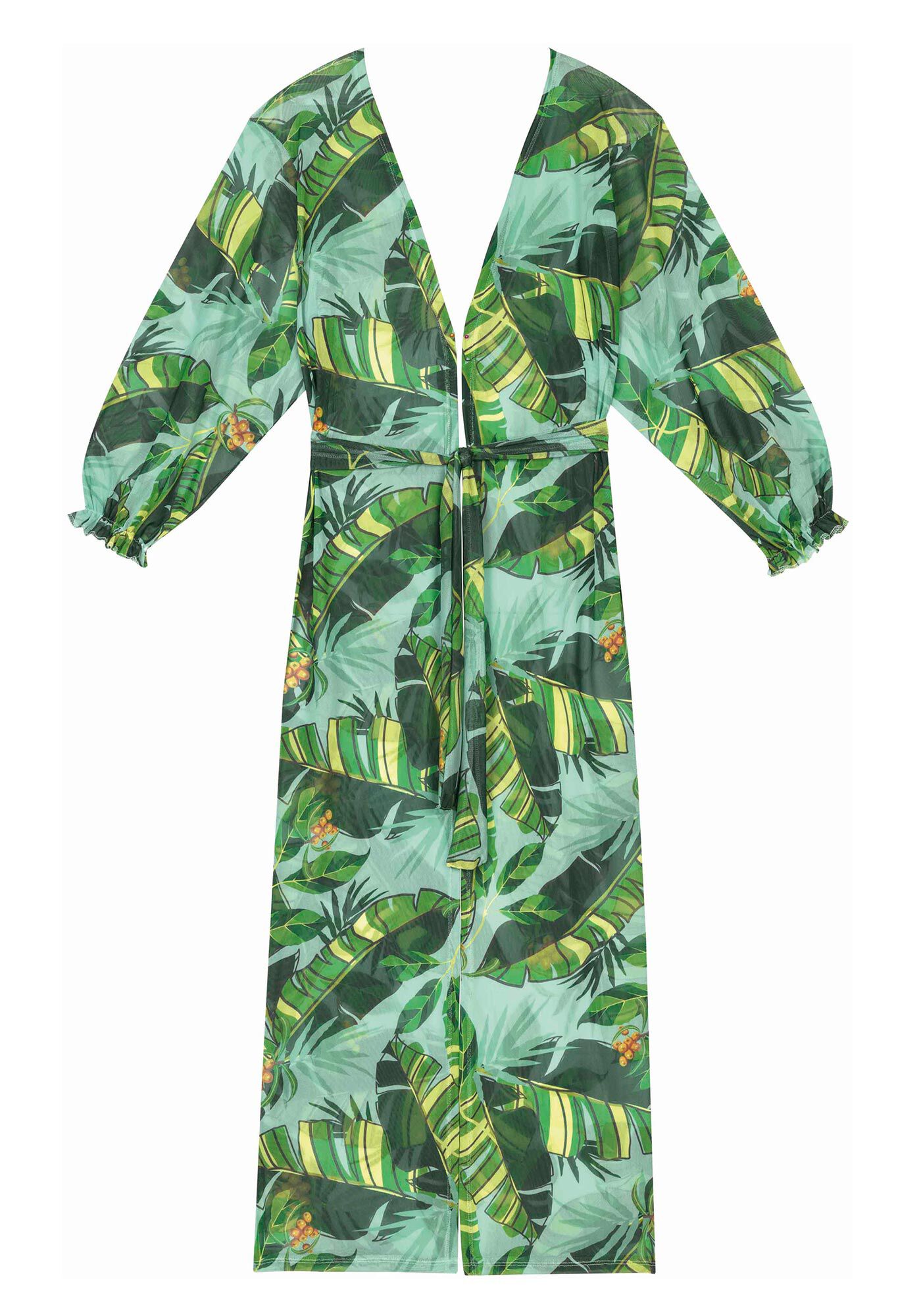 Kaftan Sa&iacute;da de Praia em Tule Estampado com Cinto, , large.