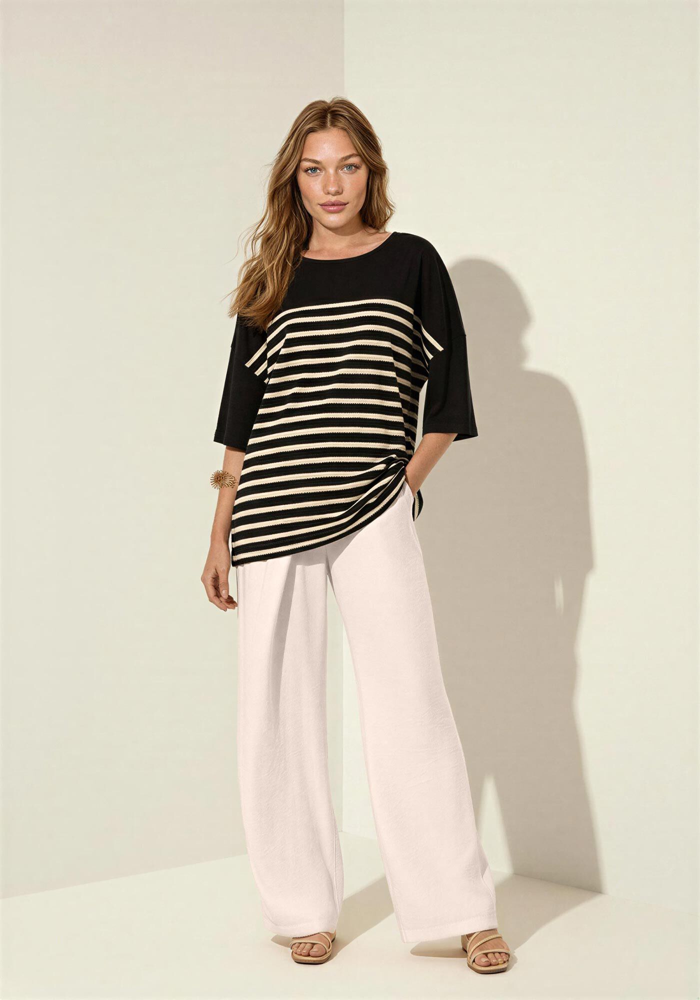 Blusa Alongada De Mangas 3/4 Com Estampa, PRETO, large.