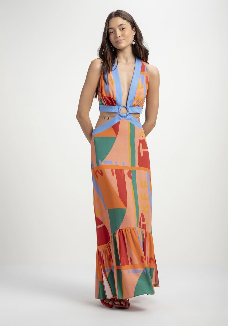 Vestido Longo Viscose com Cut Out e Corrente, . Vestido Longo Viscose com Cut Out e Corrente, , large.