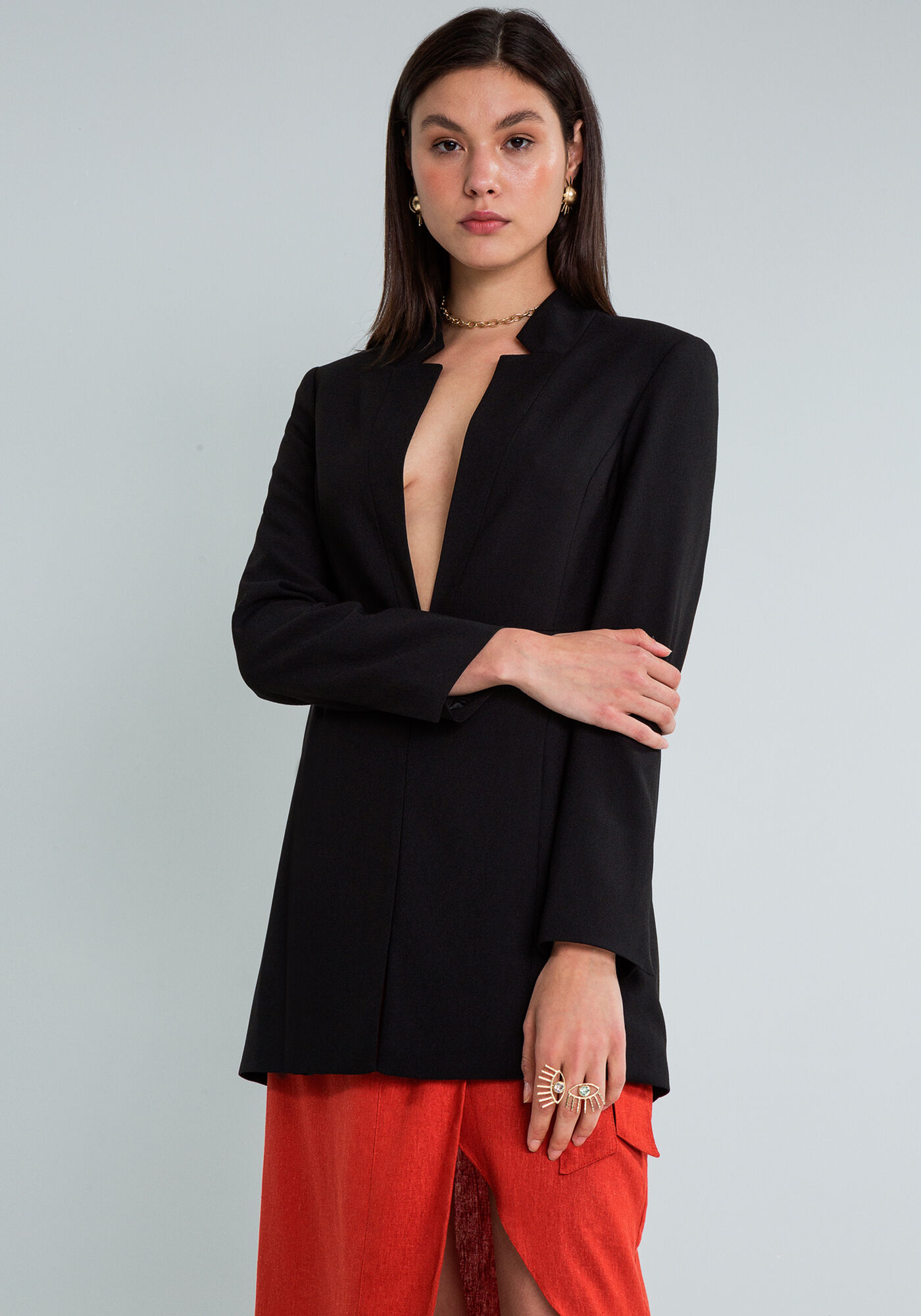 Blazer Manga Longa Alongado, PRETO, large.