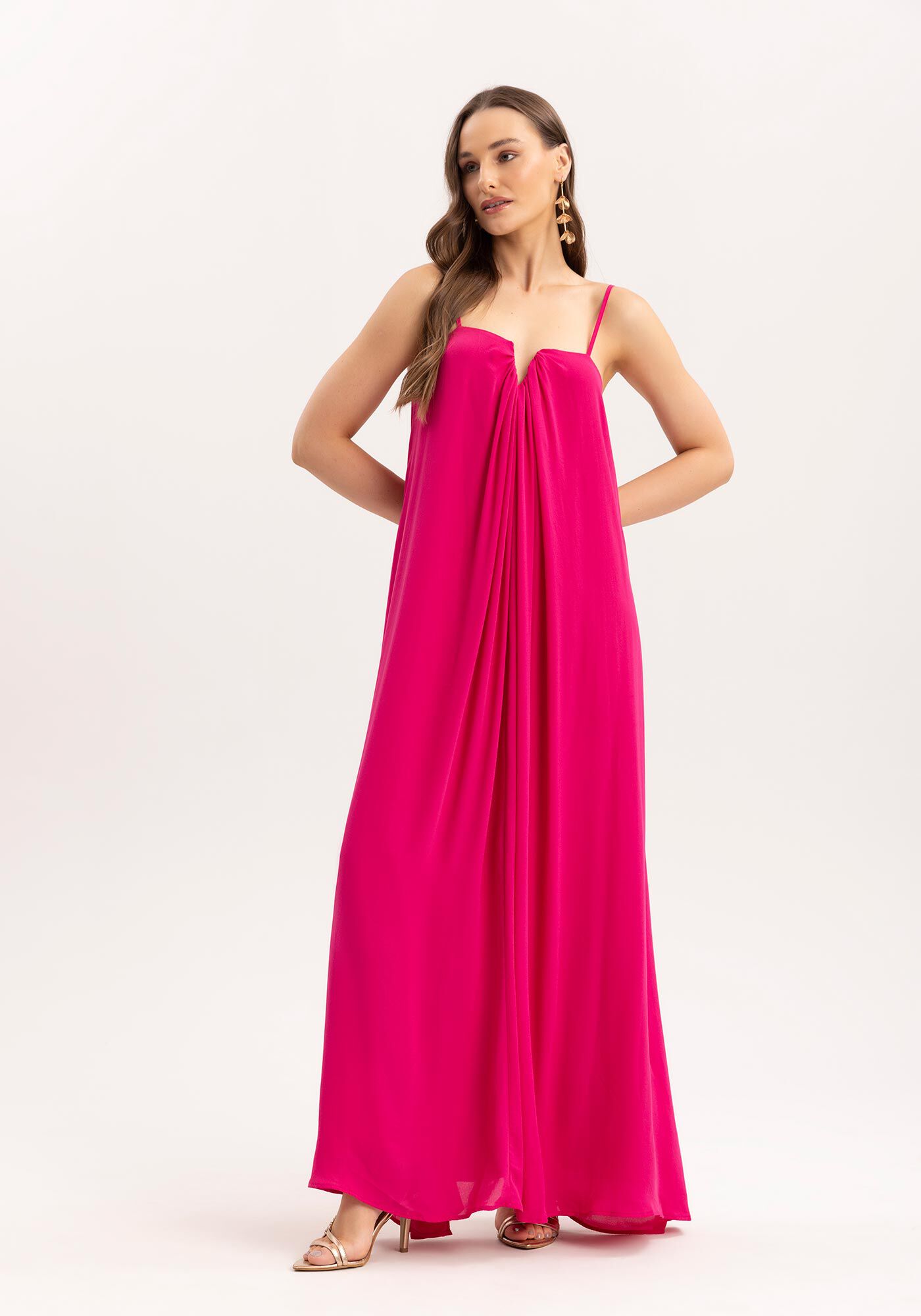 Vestido Longo Amplo em Crepe Franzido, ROSA SYRUP, large.