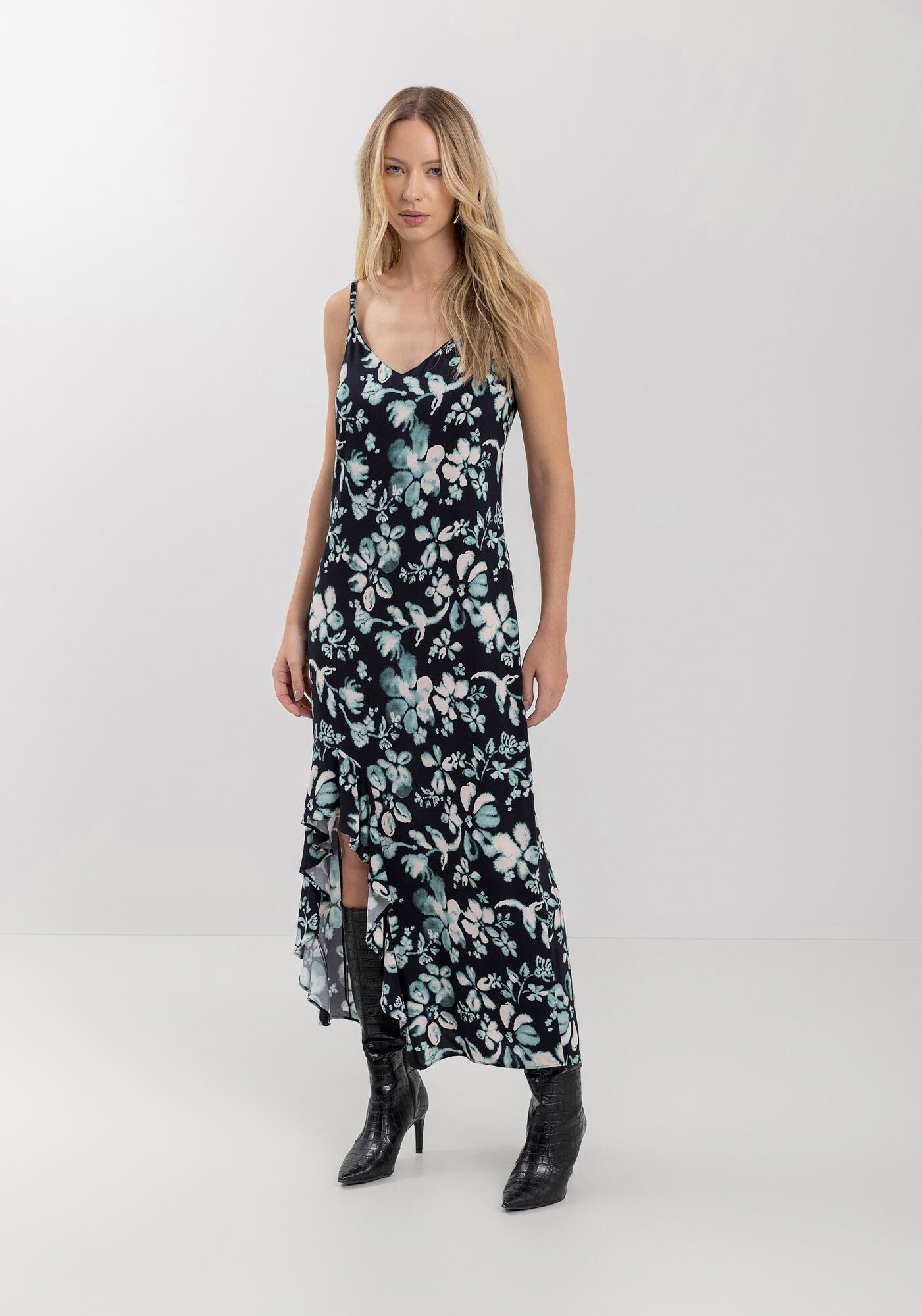 Vestido Estampado Midi Ch&aacute; Com Al&ccedil;as Finas E Babados, , large.