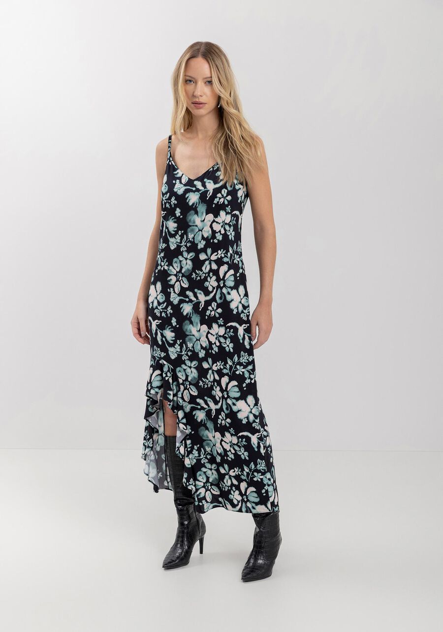 Vestido Estampado Midi Chá Com Alças Finas E Babados, . Vestido Estampado Midi Chá Com Alças Finas E Babados, , large.