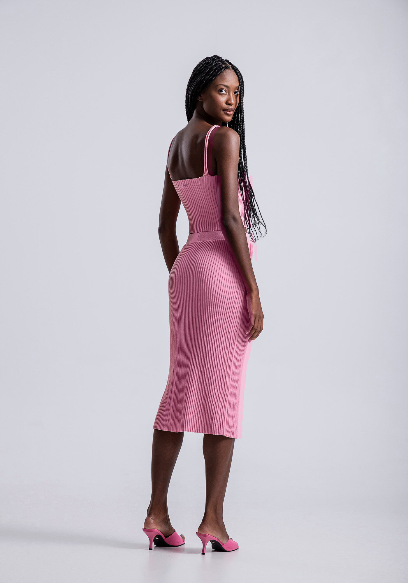 Saia Midi Cintura M&eacute;dia em Tric&ocirc; com Fenda, ROSA FABULOUS, large.