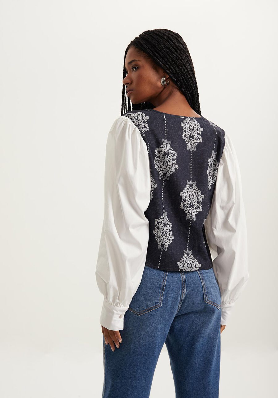 Camisa De Mangas Bufantes Com Amarrações Frontais, CUTWORK MARINHO. Camisa De Mangas Bufantes Com Amarrações Frontais, CUTWORK MARINHO, large.
