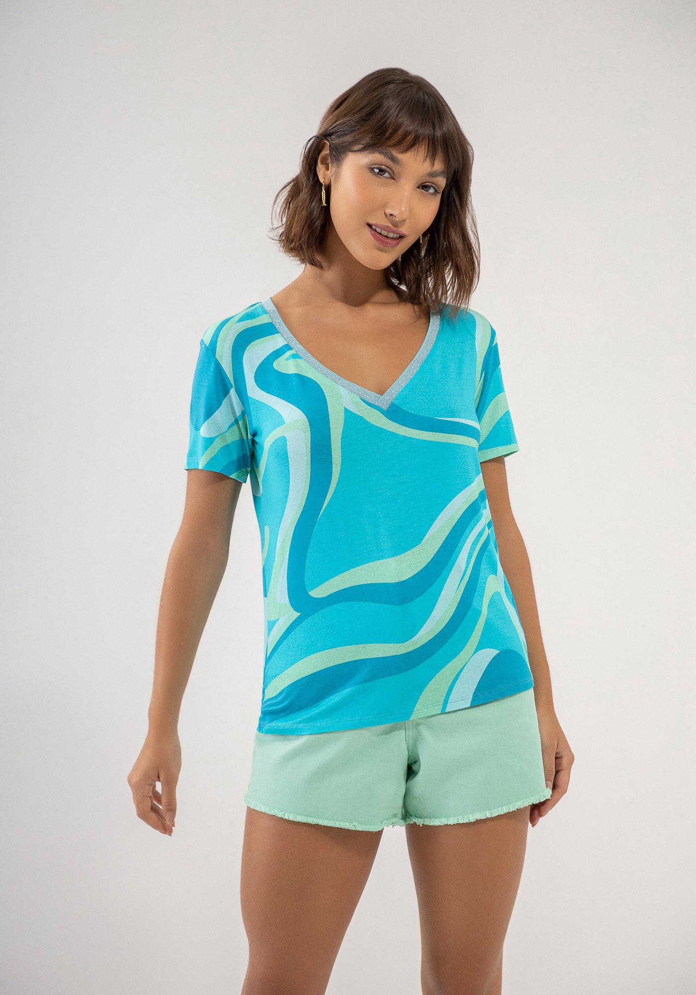 Blusa Manga Curta em Malha com Decote V Lurex, , large.