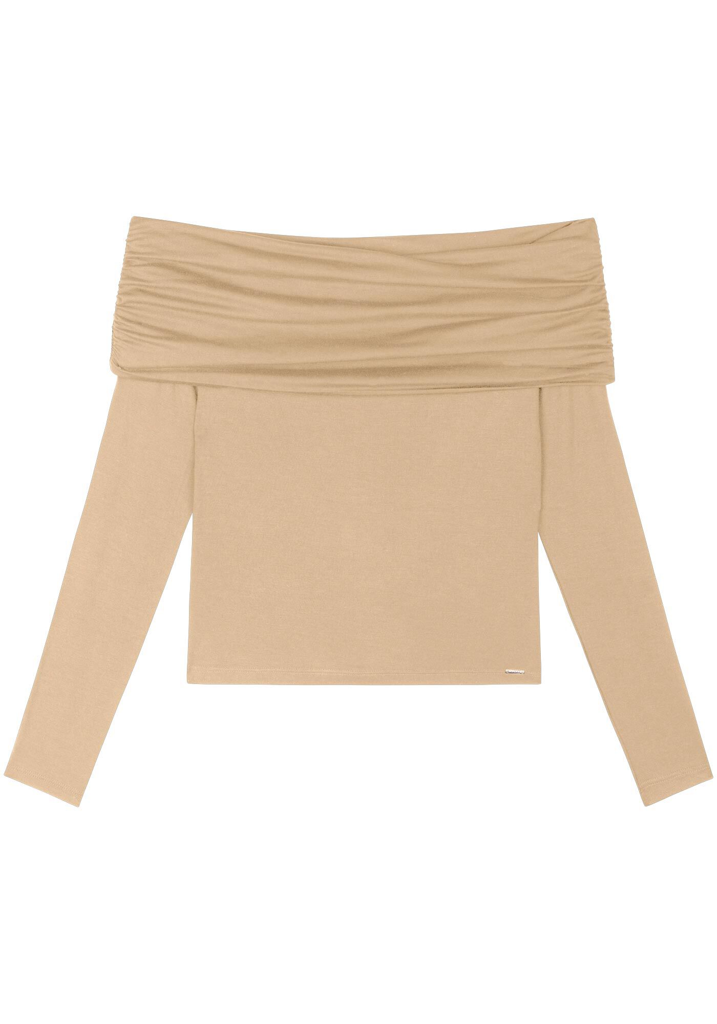 Blusa Ombro A Ombro Em Malha Com Franzidos E Mangas Longas, , large.