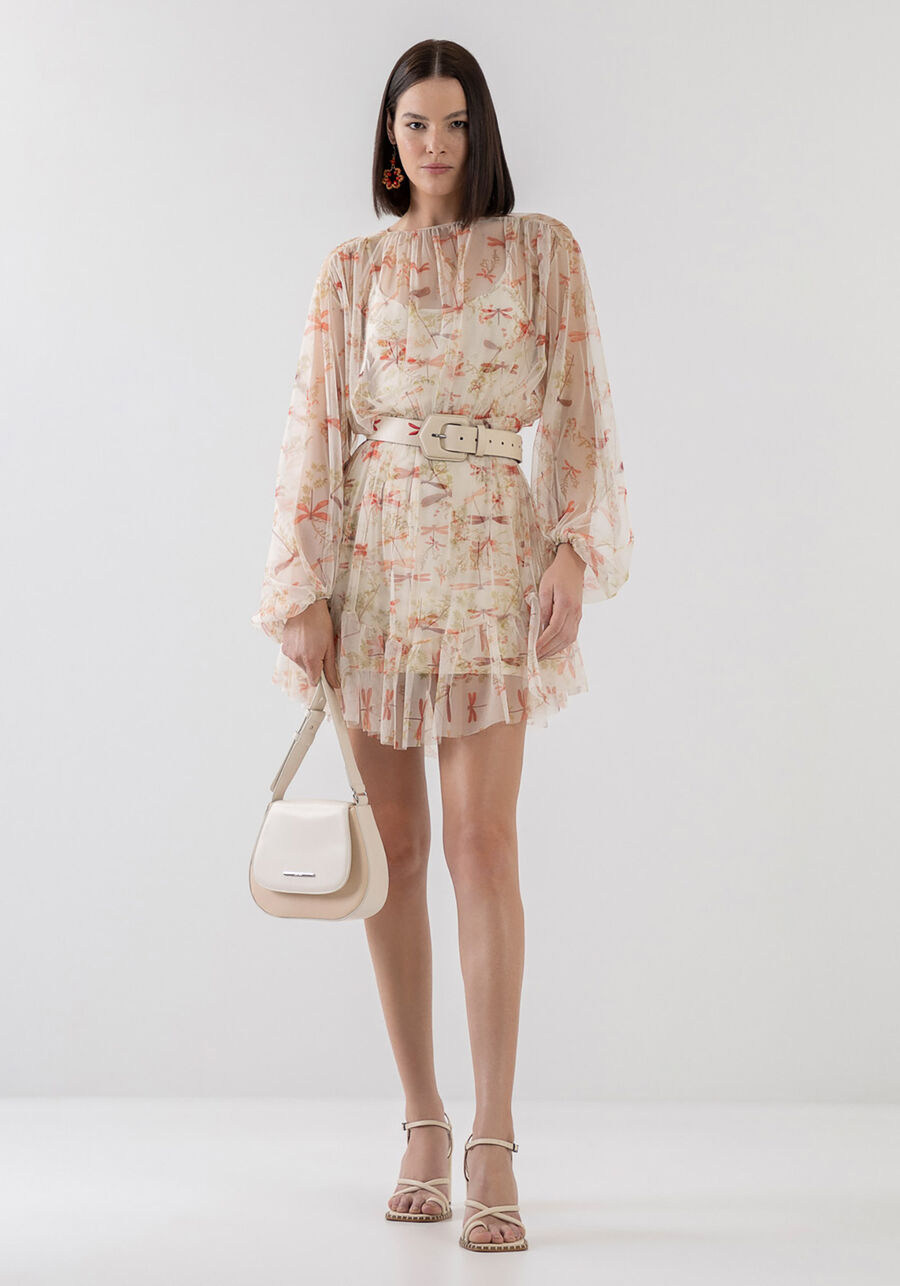 Vestido Curto Manga Longa em Tule Estampado, LIBELULAS. Vestido Curto Manga Longa em Tule Estampado, LIBELULAS, large.