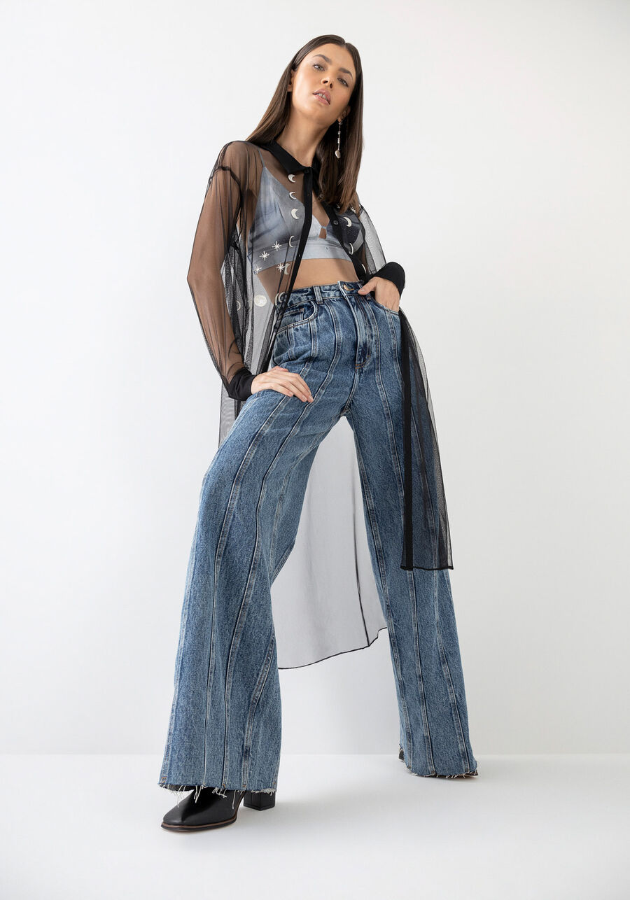 Calça Jeans Pantalona com Recortes Pespontados, JEANS. Calça Jeans Pantalona com Recortes Pespontados, JEANS, large.