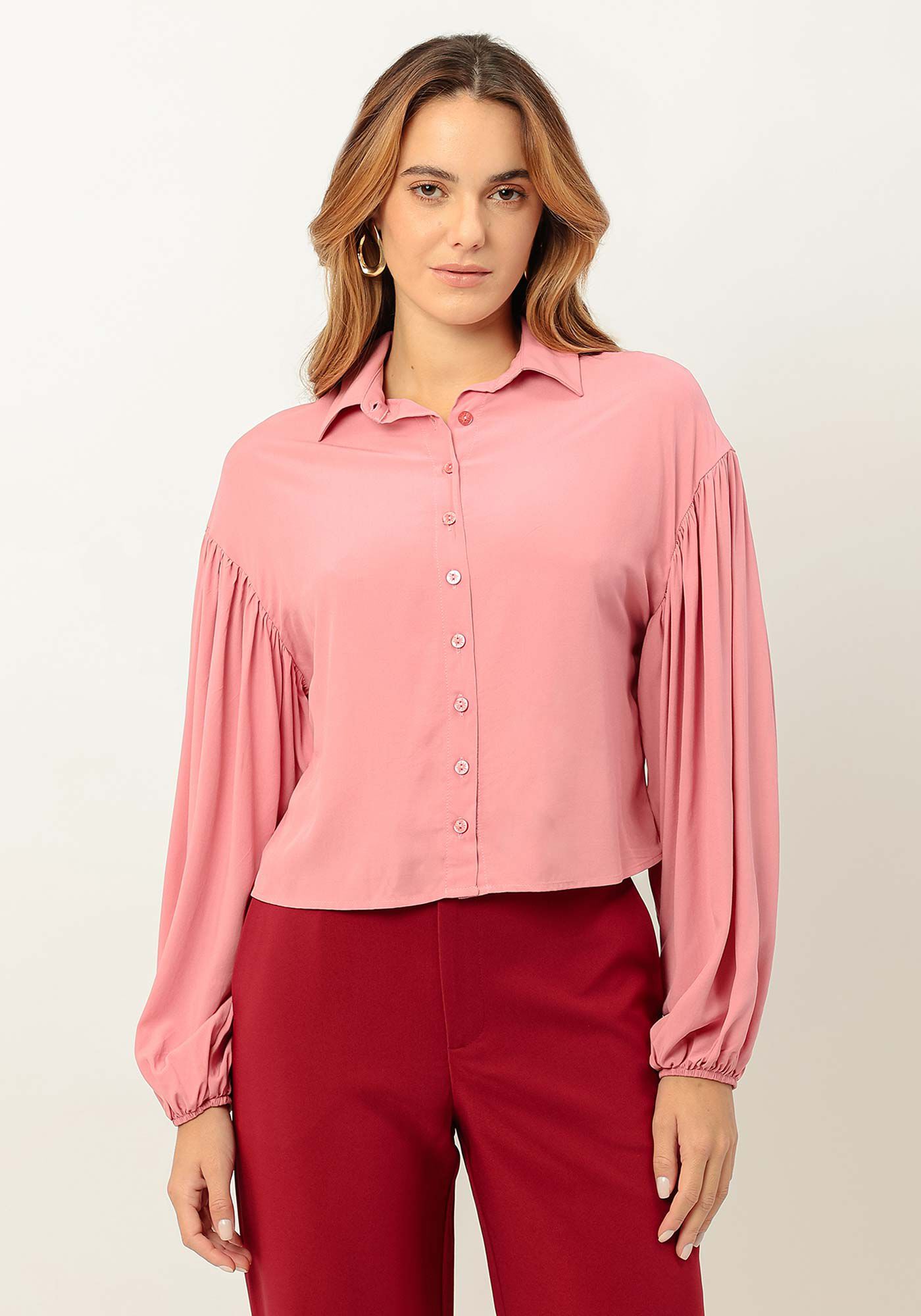 Camisa em Viscose com Manga Longa Bufante, , large.