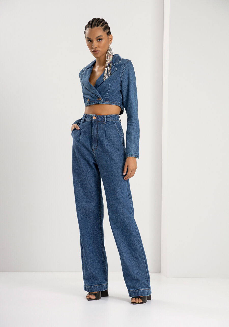 Jaqueta Jeans Cropped com Gola, JEANS. Jaqueta Jeans Cropped com Gola, JEANS, large.